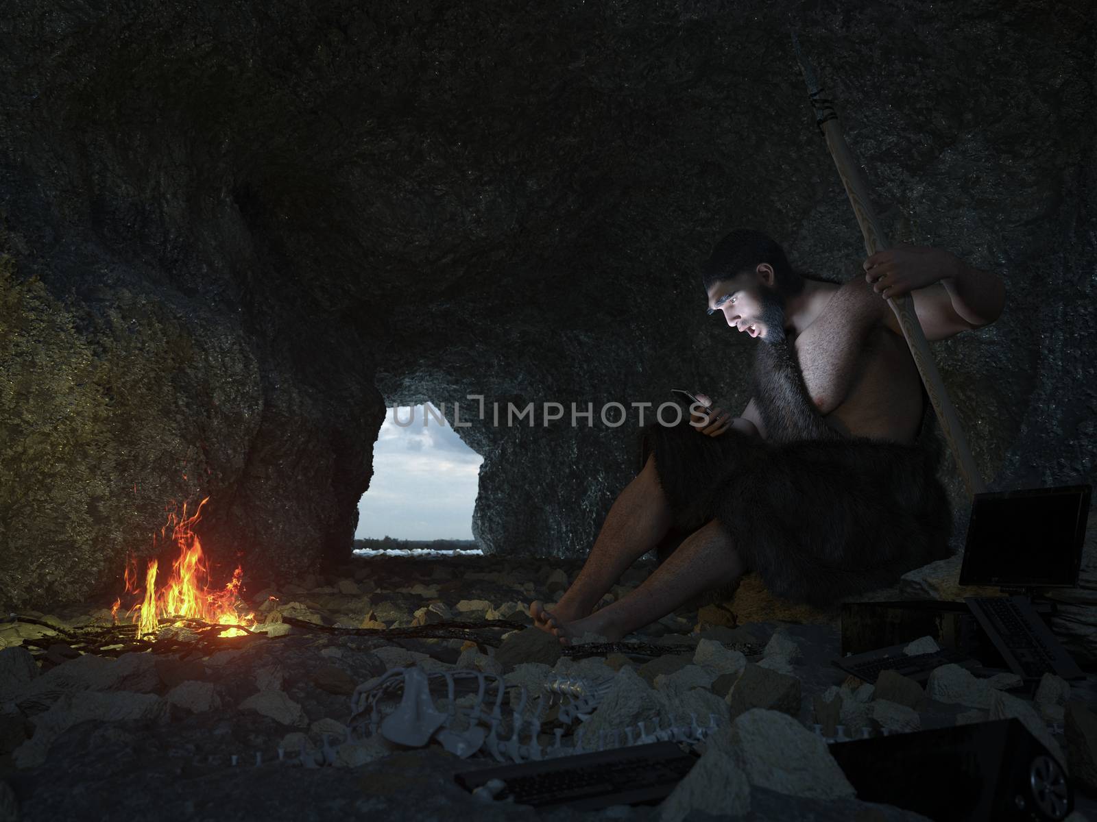 primitive man siting in the cave with smartphone concept illustration by denisgo