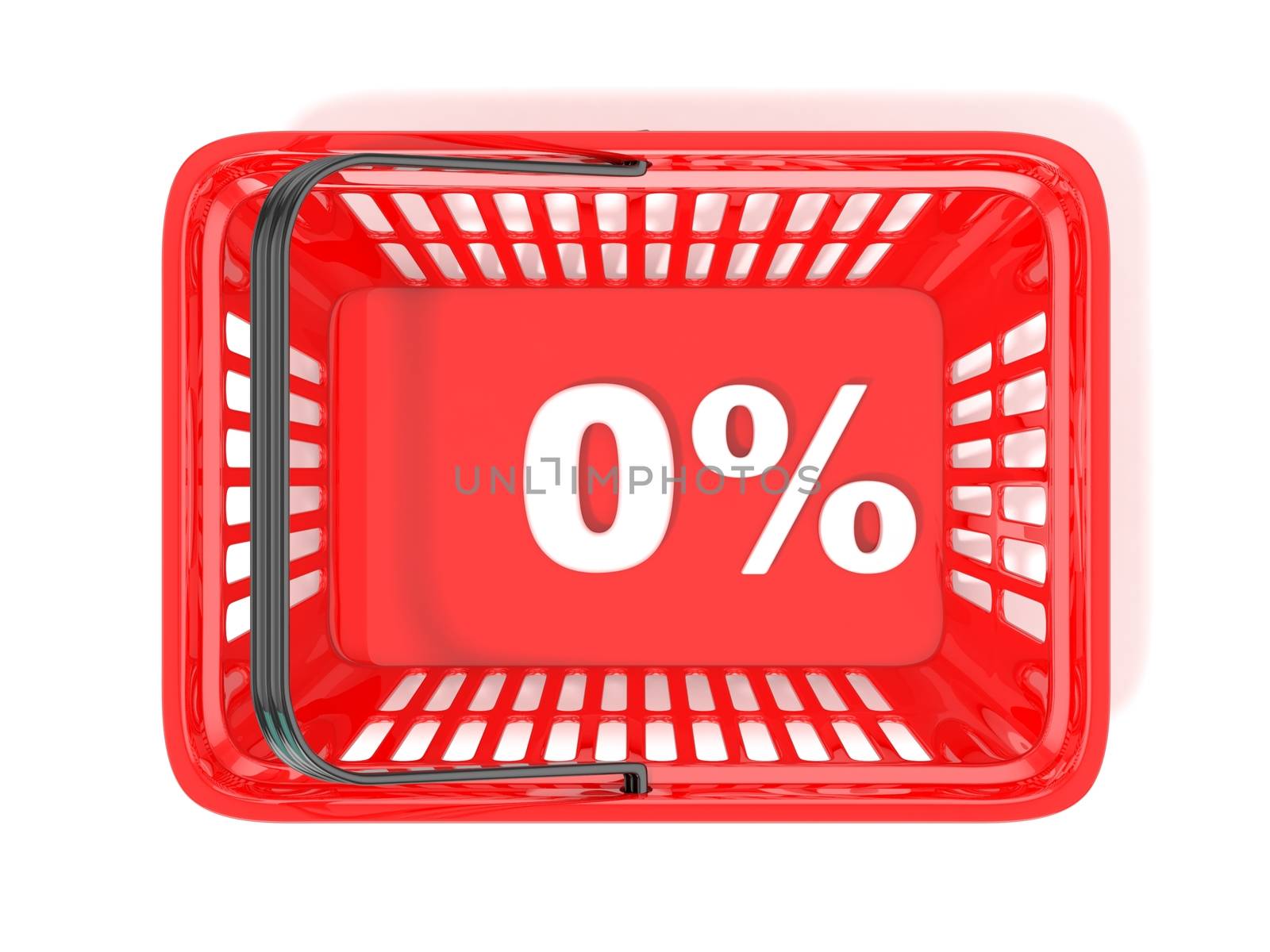 0 percent discount tag in red shopping basket. 3D rendered illustration