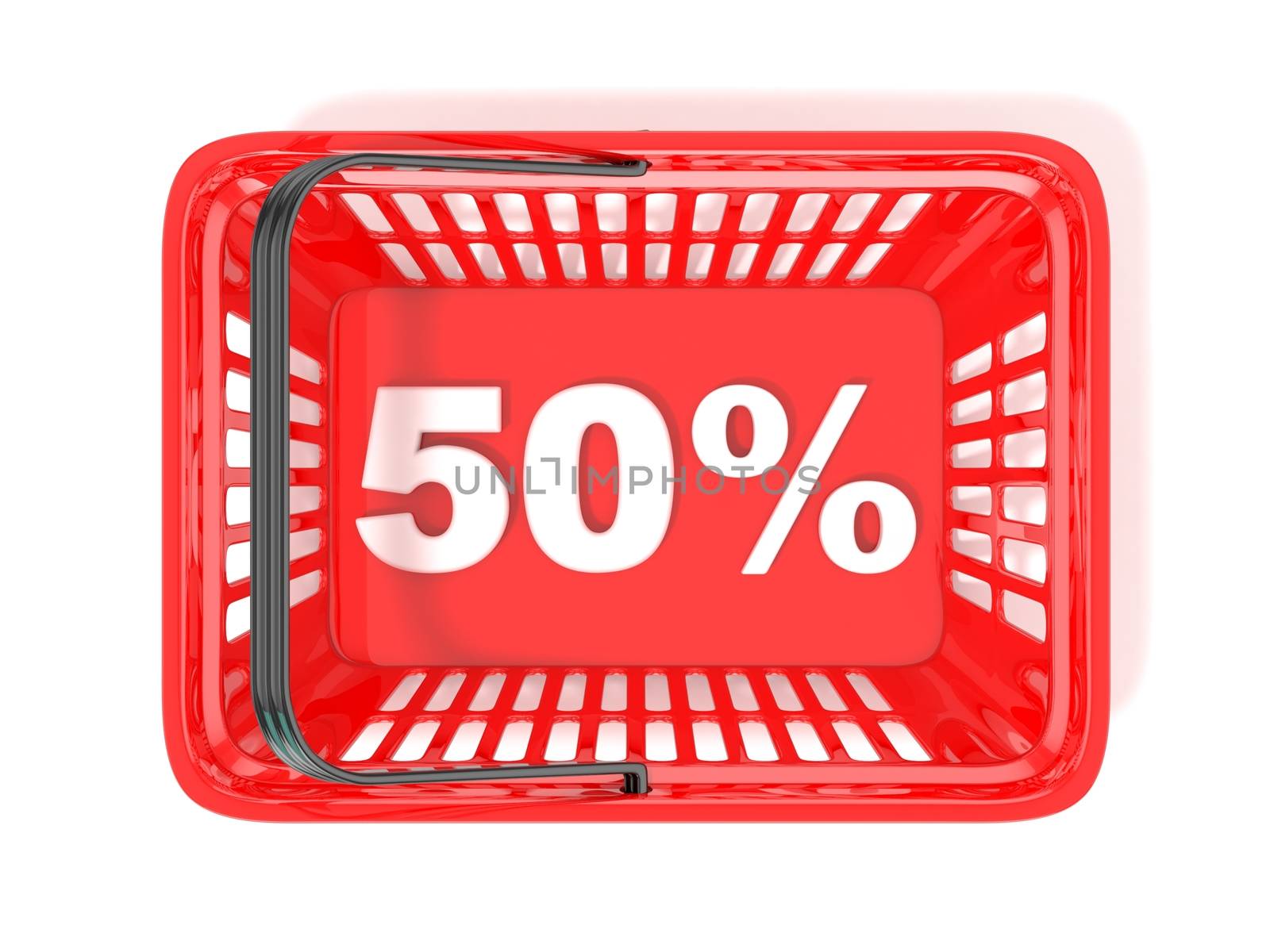 50 percent discount tag in red shopping basket. 3D by djmilic