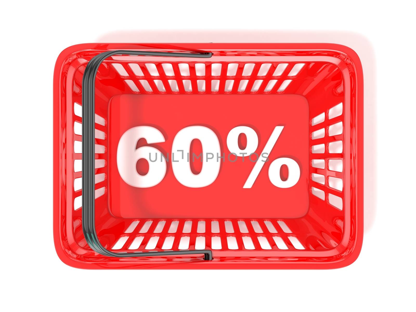 60 percent discount tag in red shopping basket. 3D by djmilic