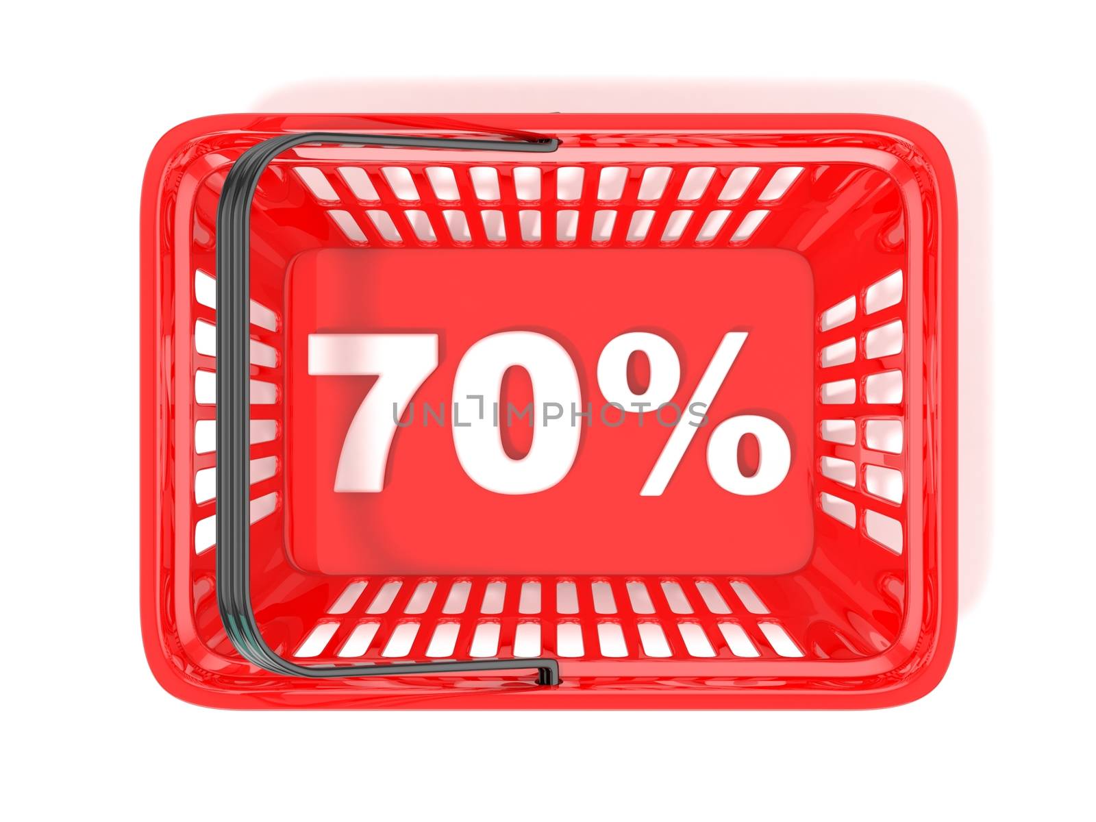 70 percent discount tag in red shopping basket. 3D rendered illustration
