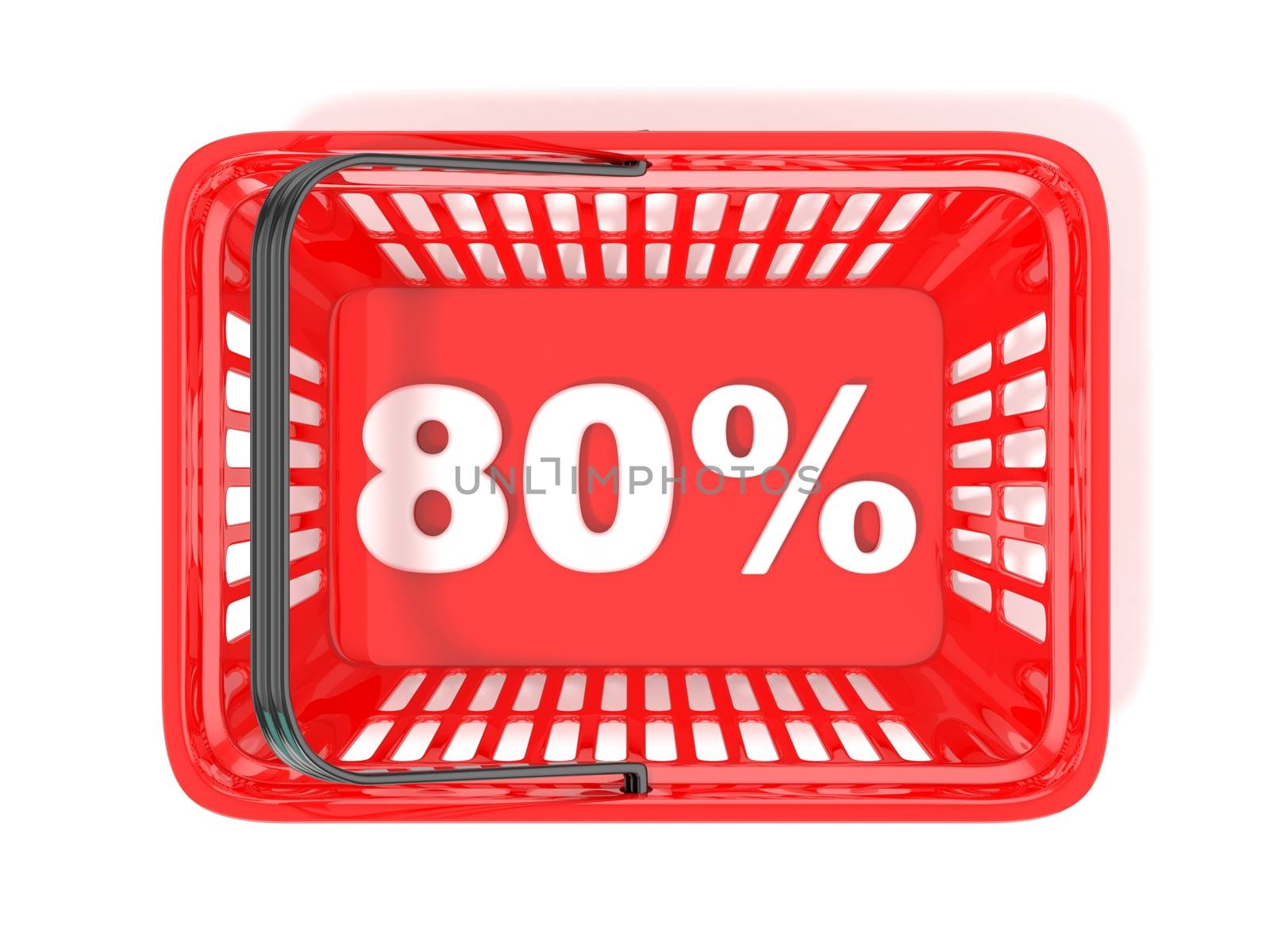 80 percent discount tag in red shopping basket. 3D rendered illustration