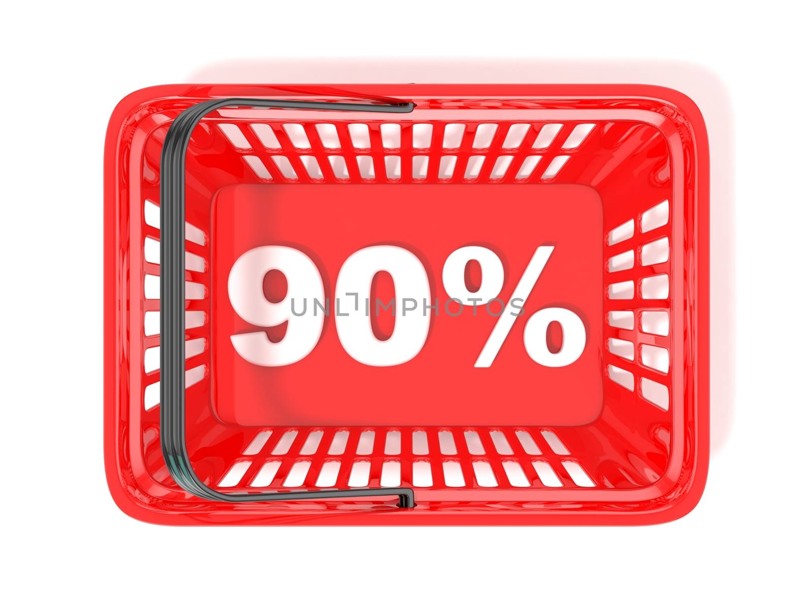 90 percent discount tag in red shopping basket. 3D by djmilic