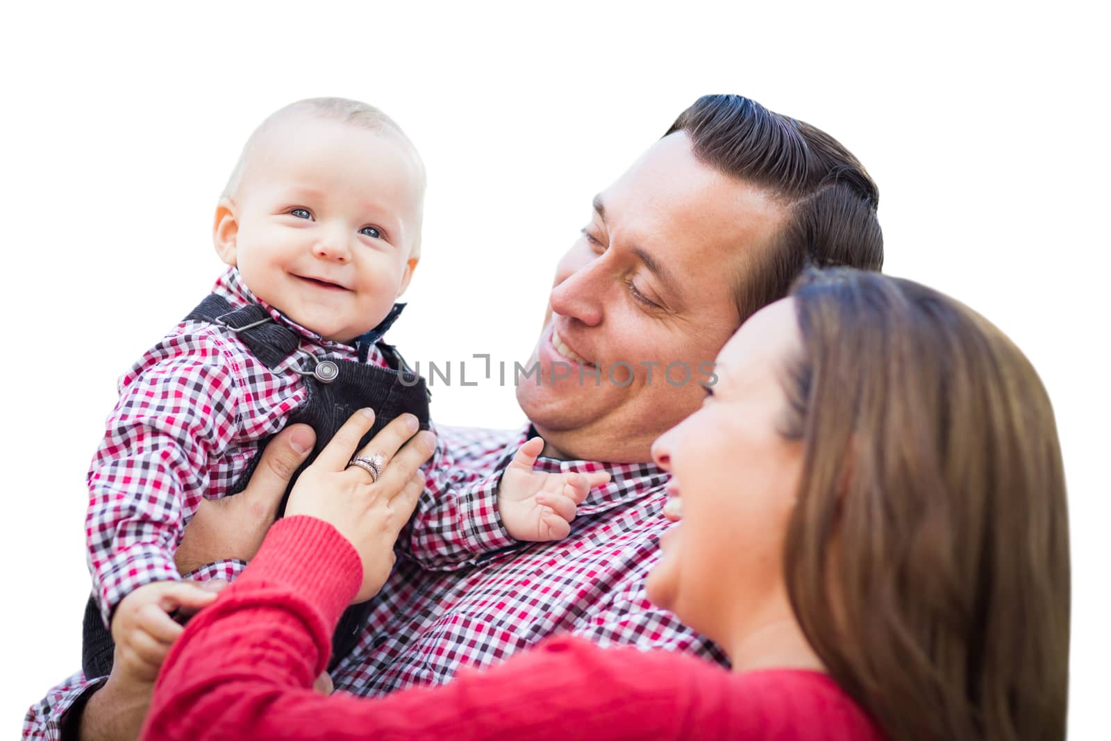 Cute Little Baby Boy Having Fun With Mother and Father Isolated on a White Background.