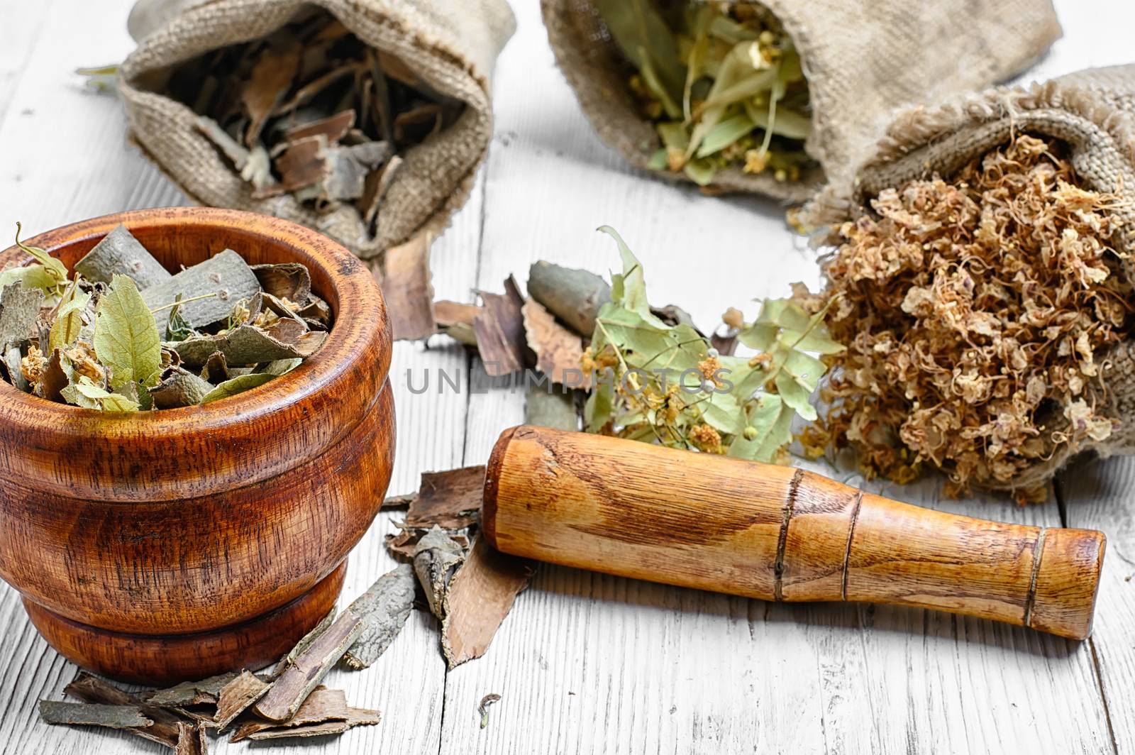 Dried harvest of herbs of Linden and aspen bark in bags