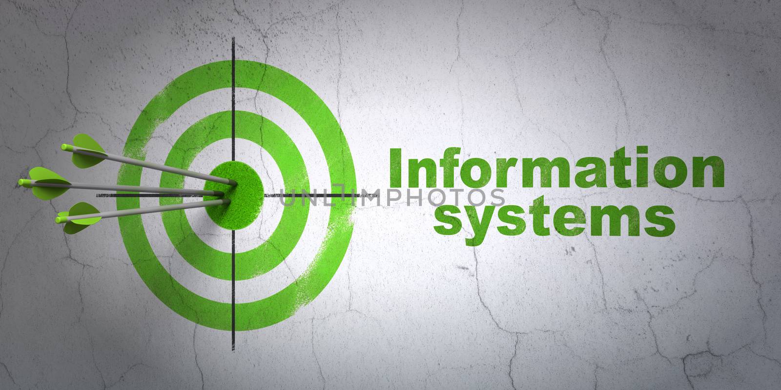 Success Data concept: arrows hitting the center of target, Green Information Systems on wall background, 3D rendering