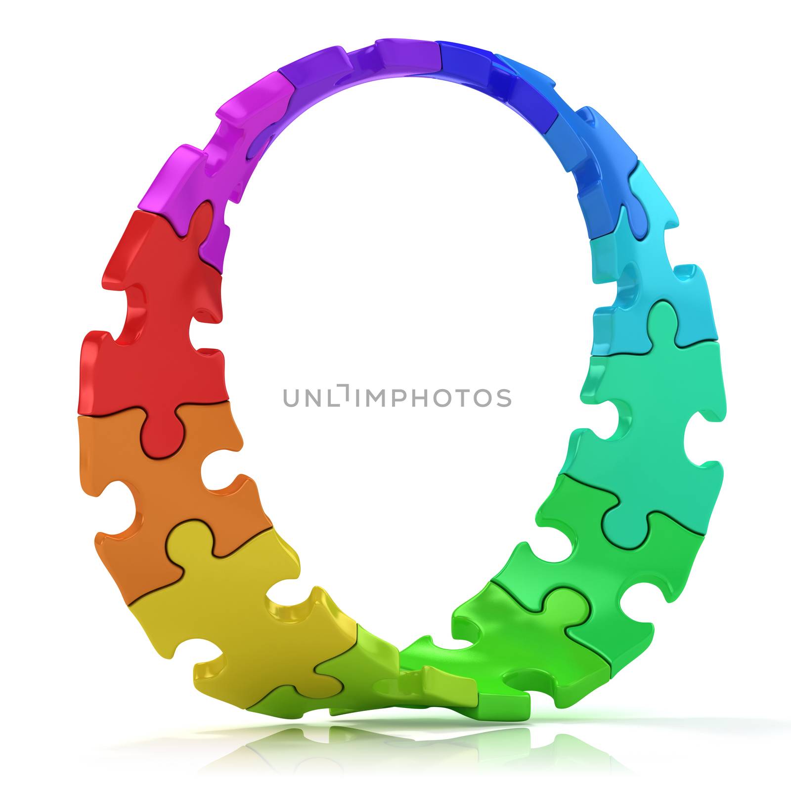 Twisted circle of colorful jigsaw puzzles. Isolated on white background.