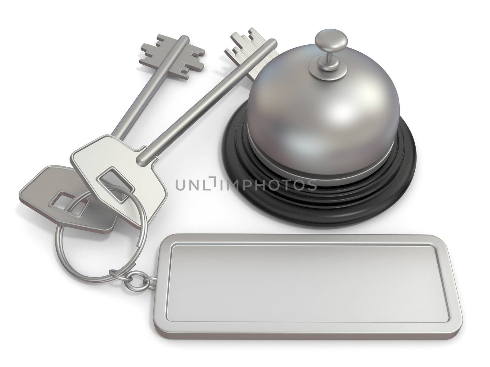 Hotel key with rectangular blank label on ring and reception bell. 3D render illustration isolated on white background