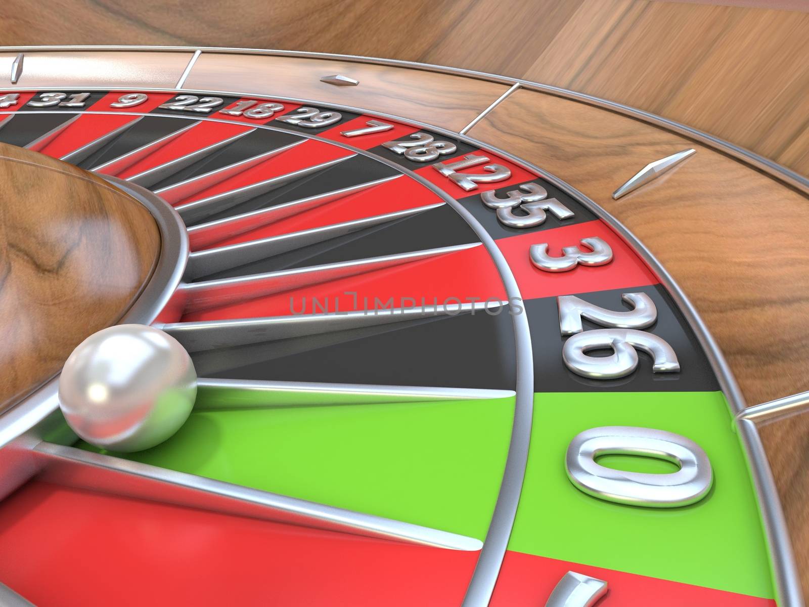 Macro view of a roulette table. Green zero. 3D render illustration isolated on white background