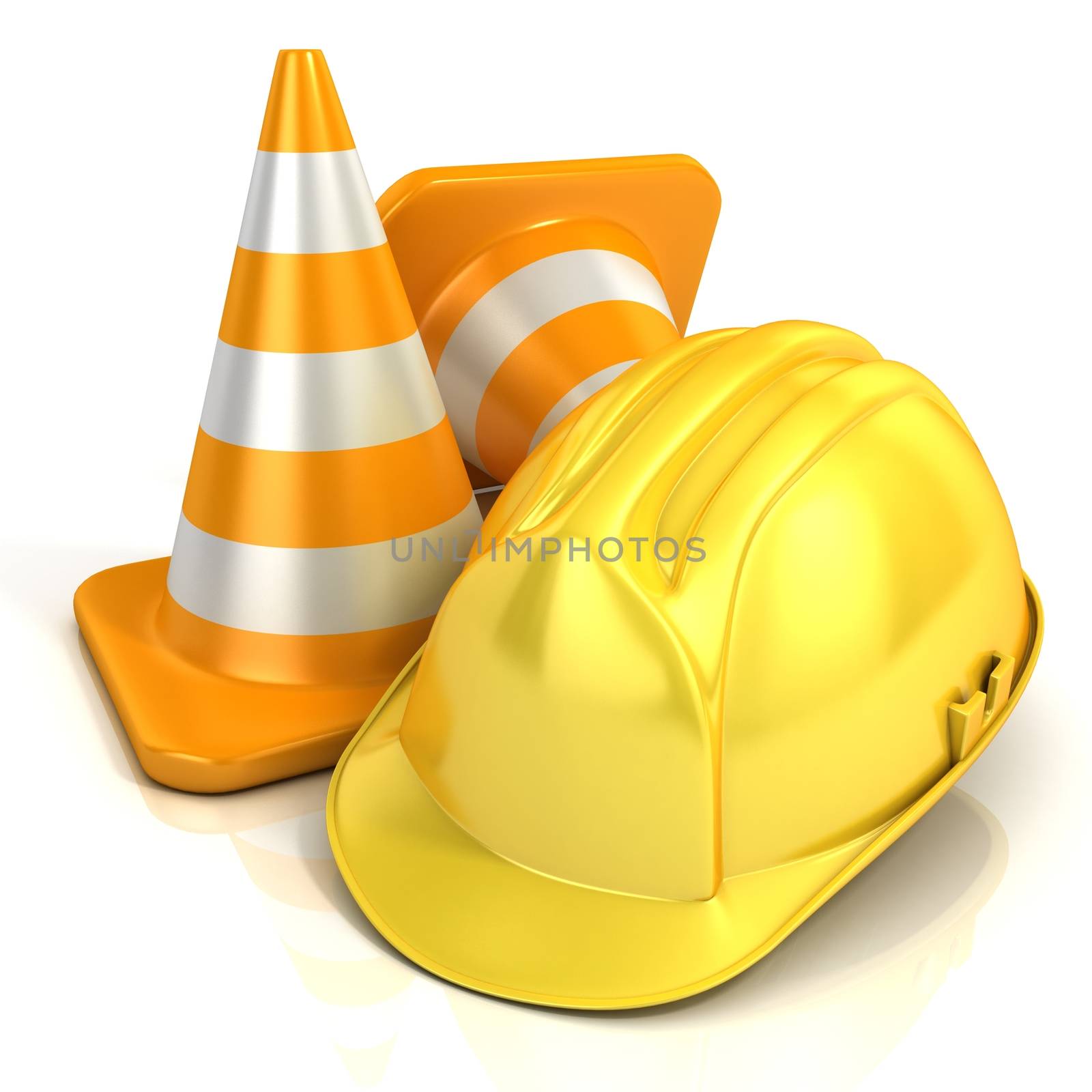 Traffic cones and safety helmet isolated on white background