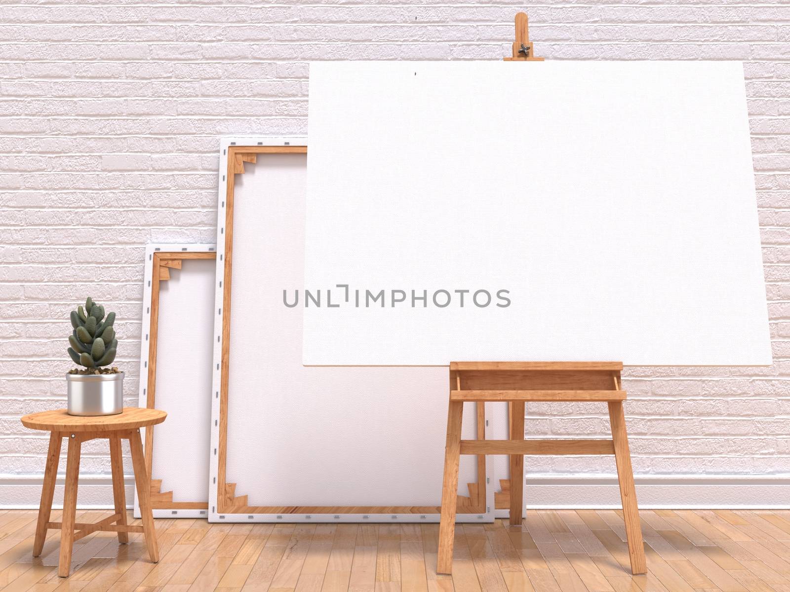 Mock up canvas frame with plant, easel, floor and wall. 3D by djmilic