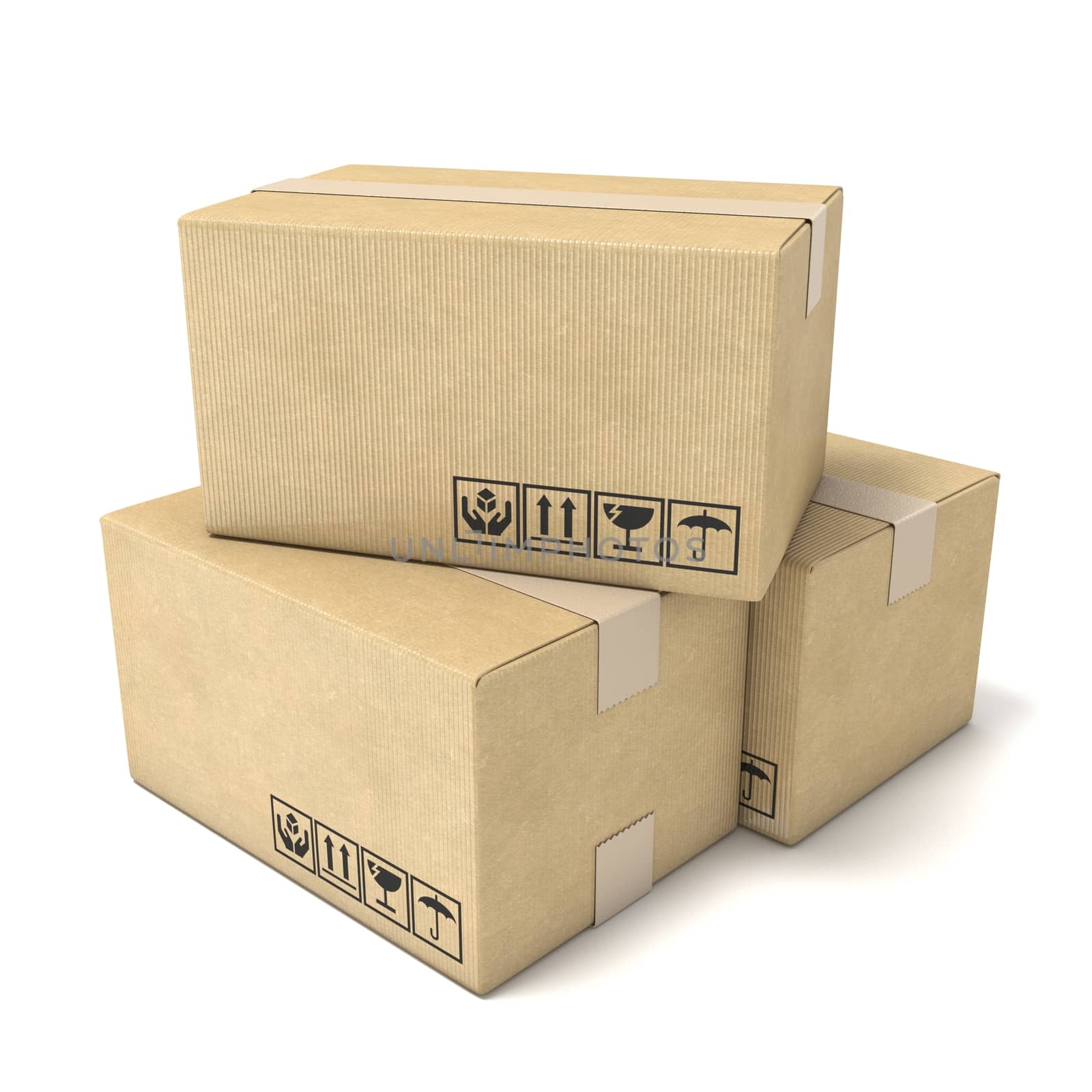 Stack of cardboard boxes. Global packages delivery concept, 3D render illustration isolated on white background