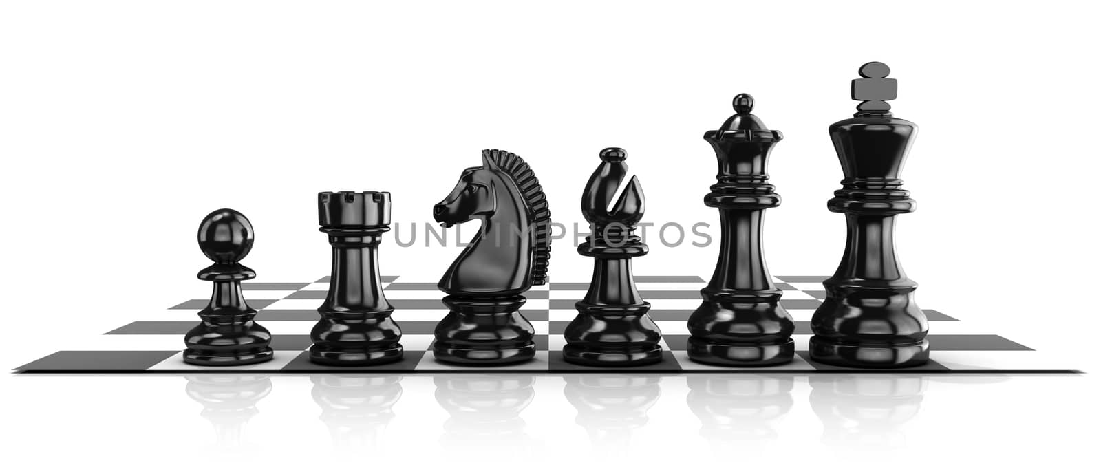 Chess black pieces, standing on board. Isolated on white background