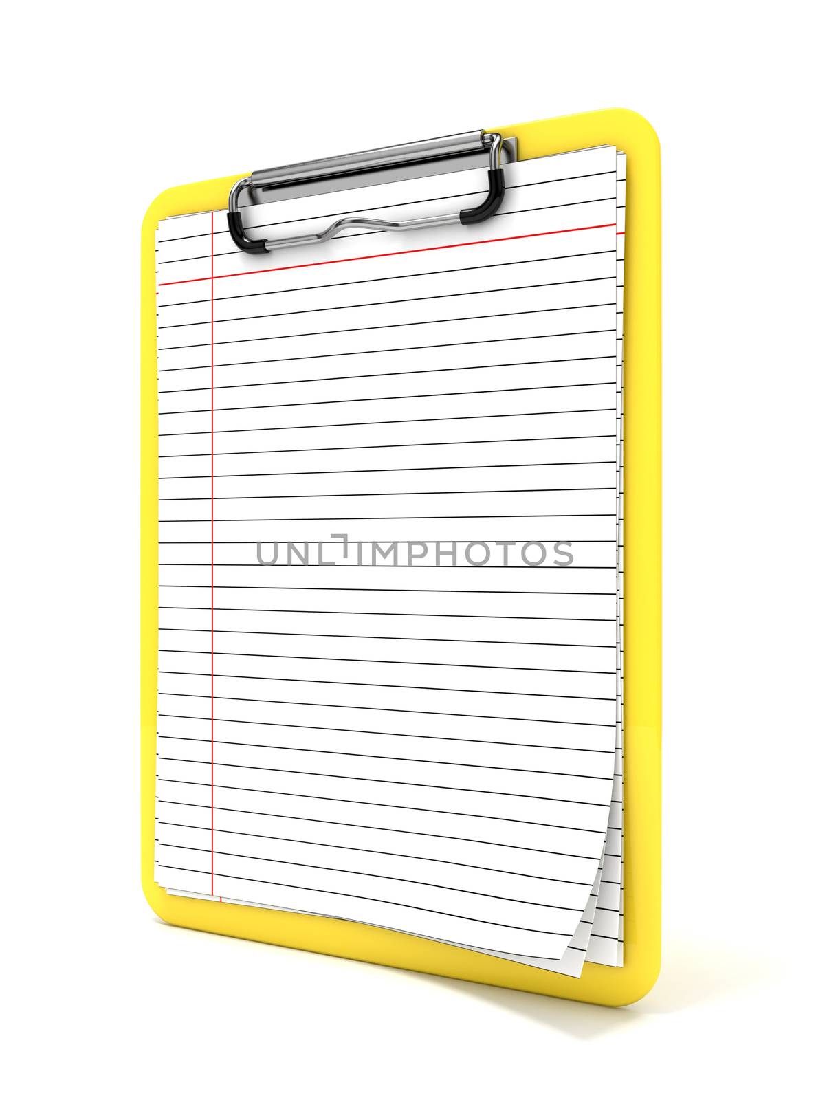 Yellow clipboard and blank lined paper. 3D by djmilic