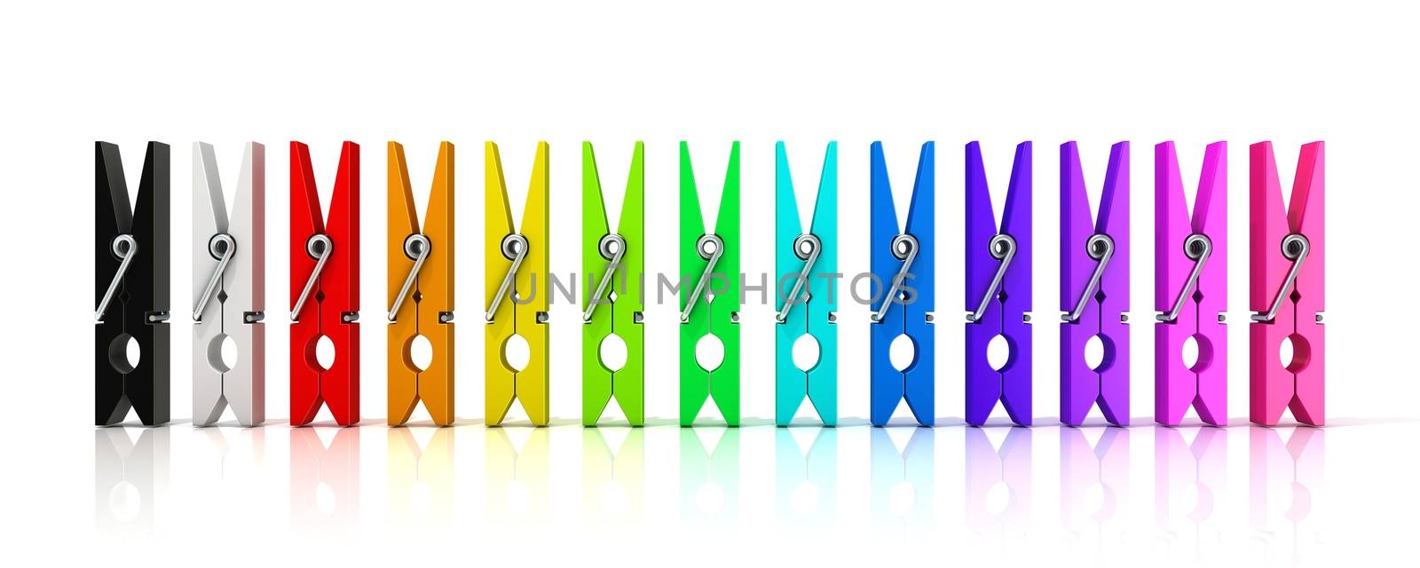 Set of colorful clothes pins. Front view isolated on white background
