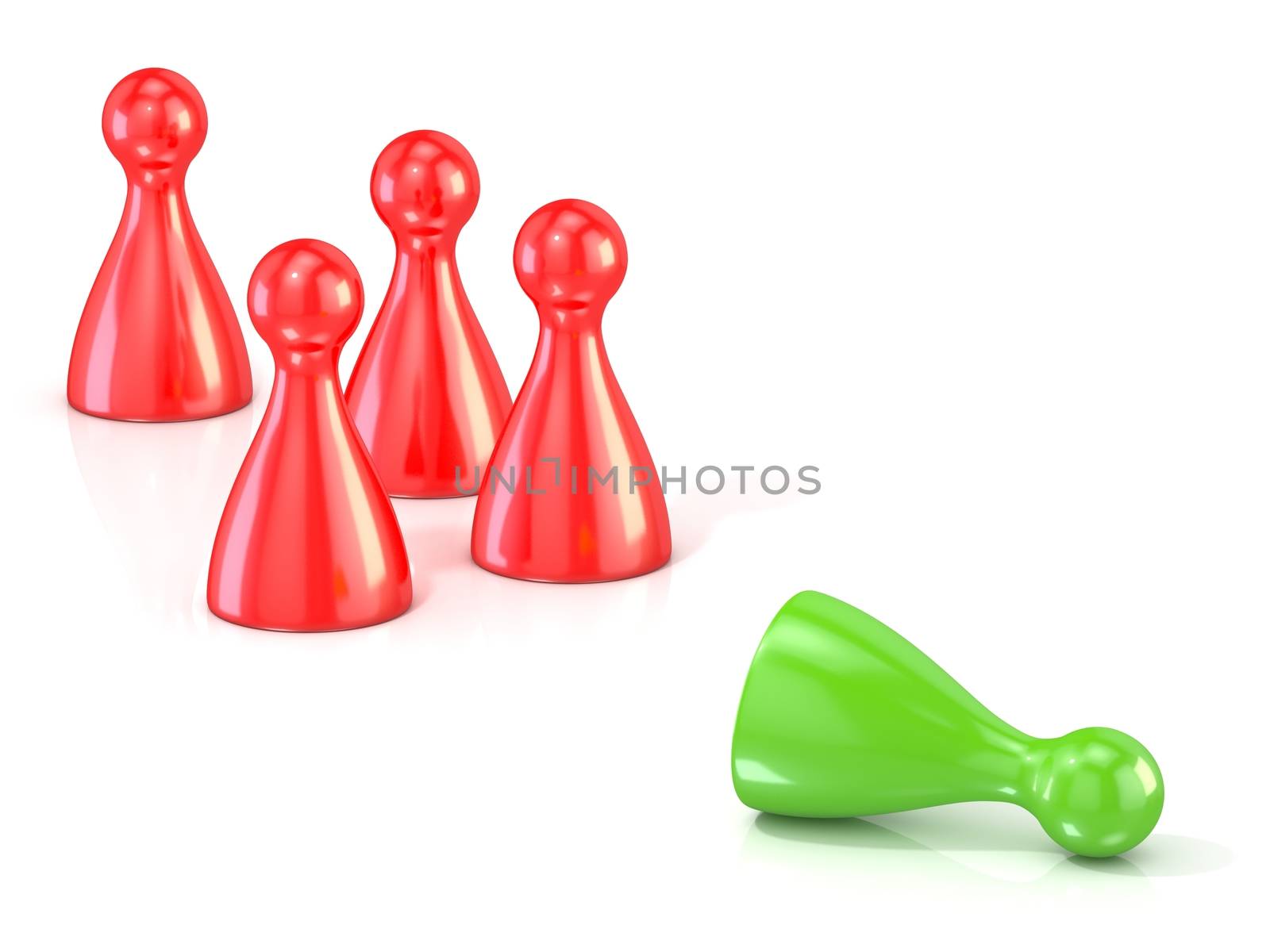 Red play figures standing and green one lying . Concept of rejec by djmilic