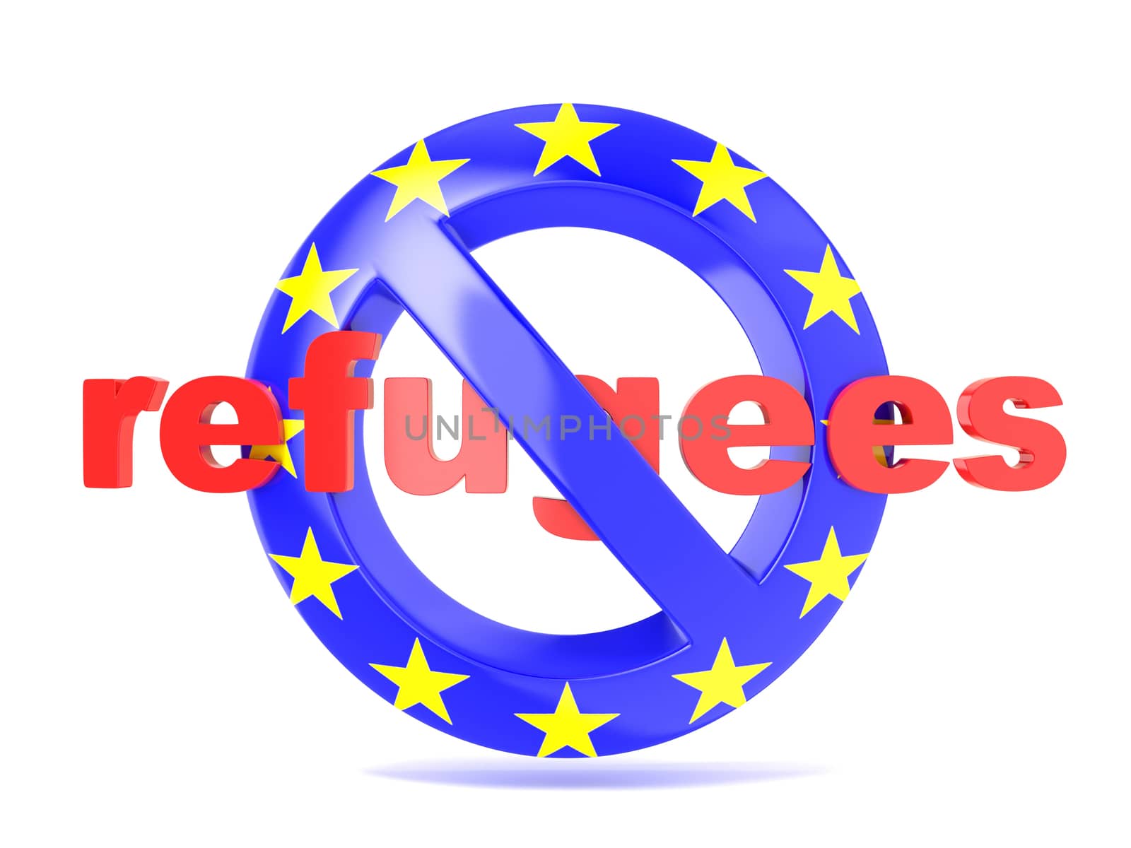Forbidden sign with EU flag and refugees. Refugees crisis concept. 3D render illustration isolated on a white background