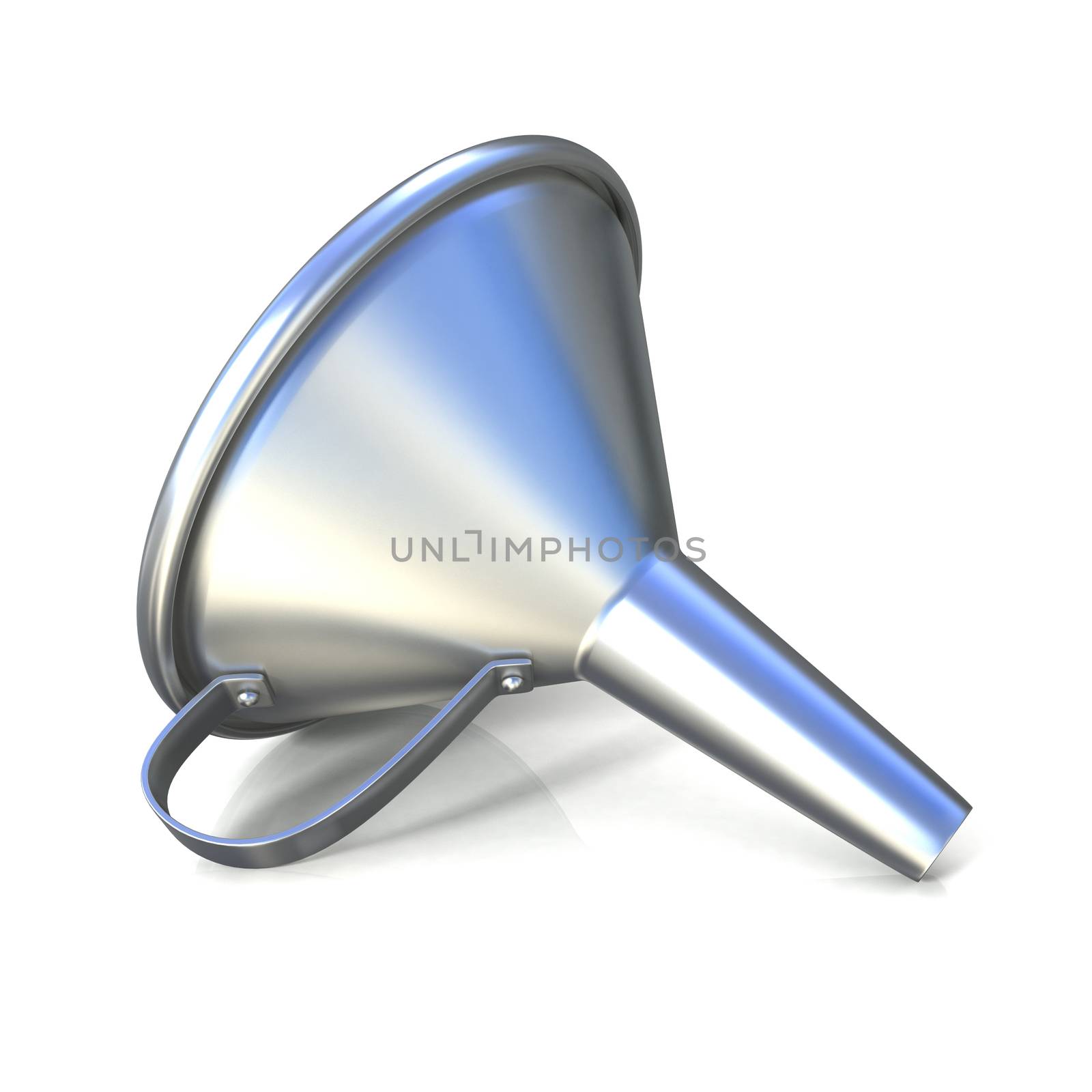 Steel funnel. 3D render illustration, isolated on white. Side view