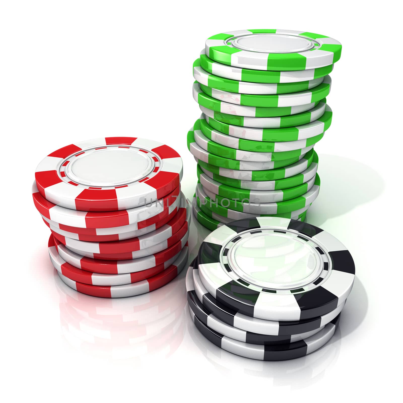 Stacks of red, green and black gambling chips isolated on white background.