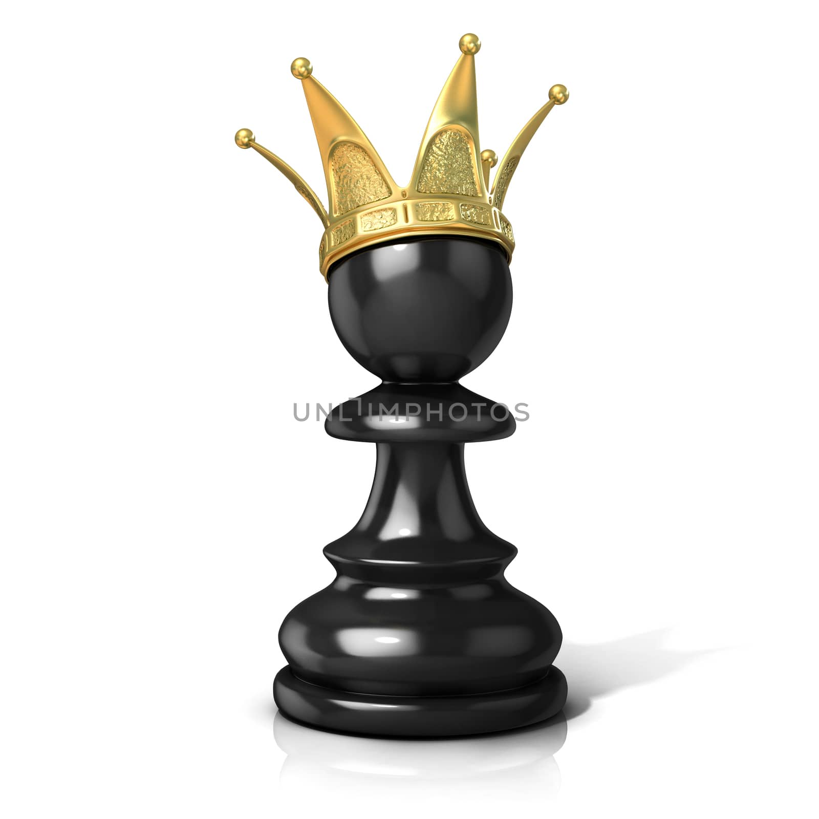 Black pawn with a golden crown, isolated on a white background