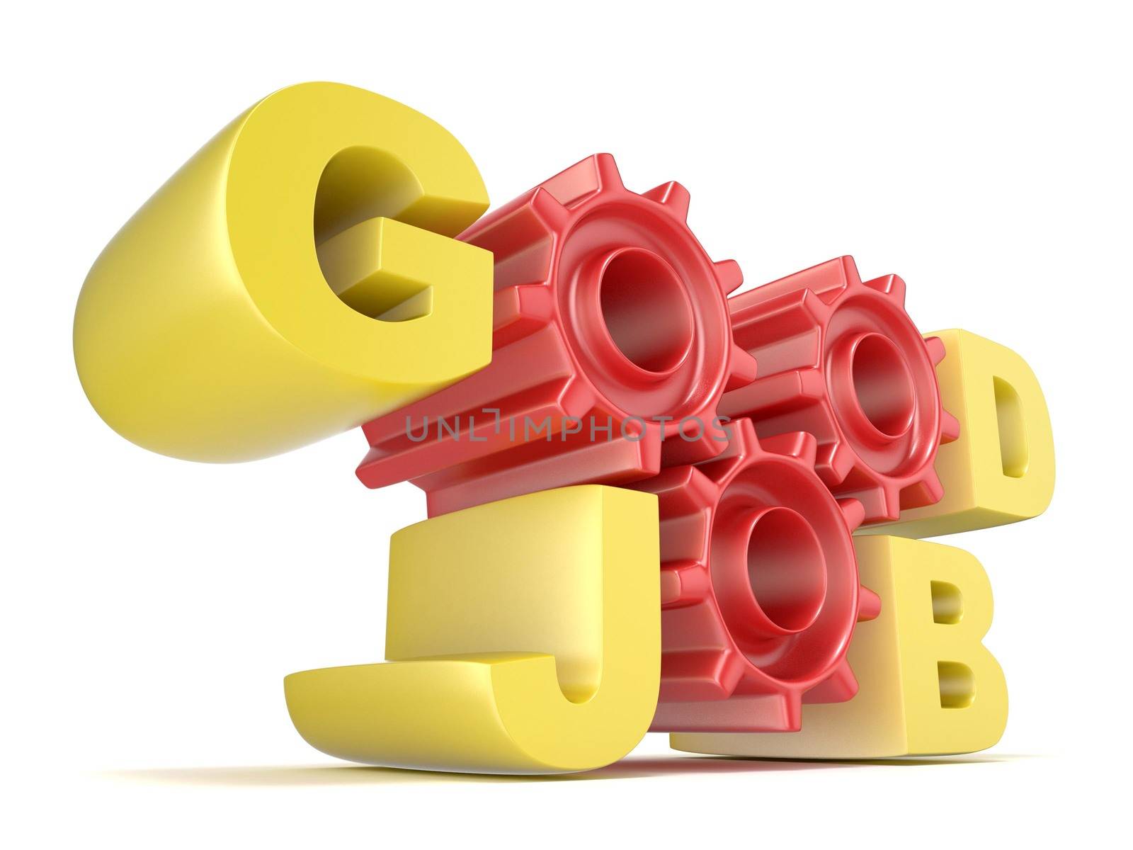 The words GOOD JOB in 3D letters and gear wheels. Render illustration isolated on white background