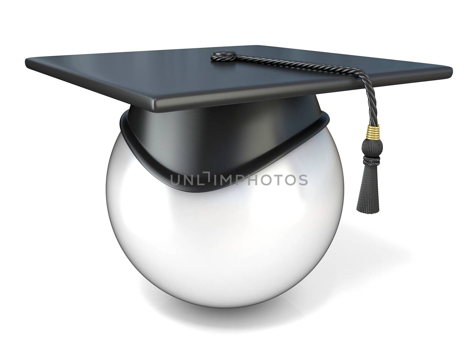 White ball with graduation cap, side view. Conceptual illustration. 3D render illustration isolated on white background