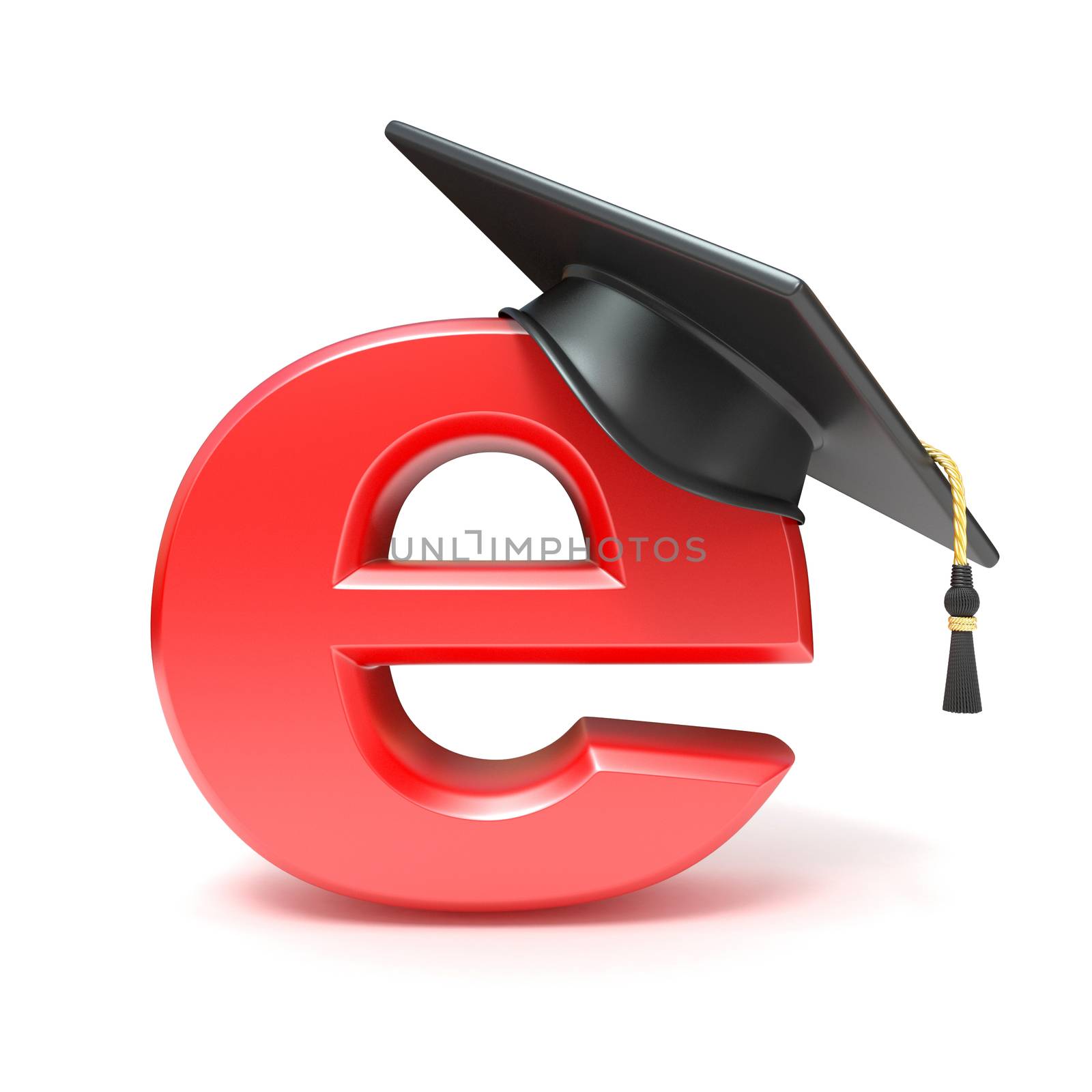 Graduation hat on E. E-learning concept. 3D render illustration isolated on white background