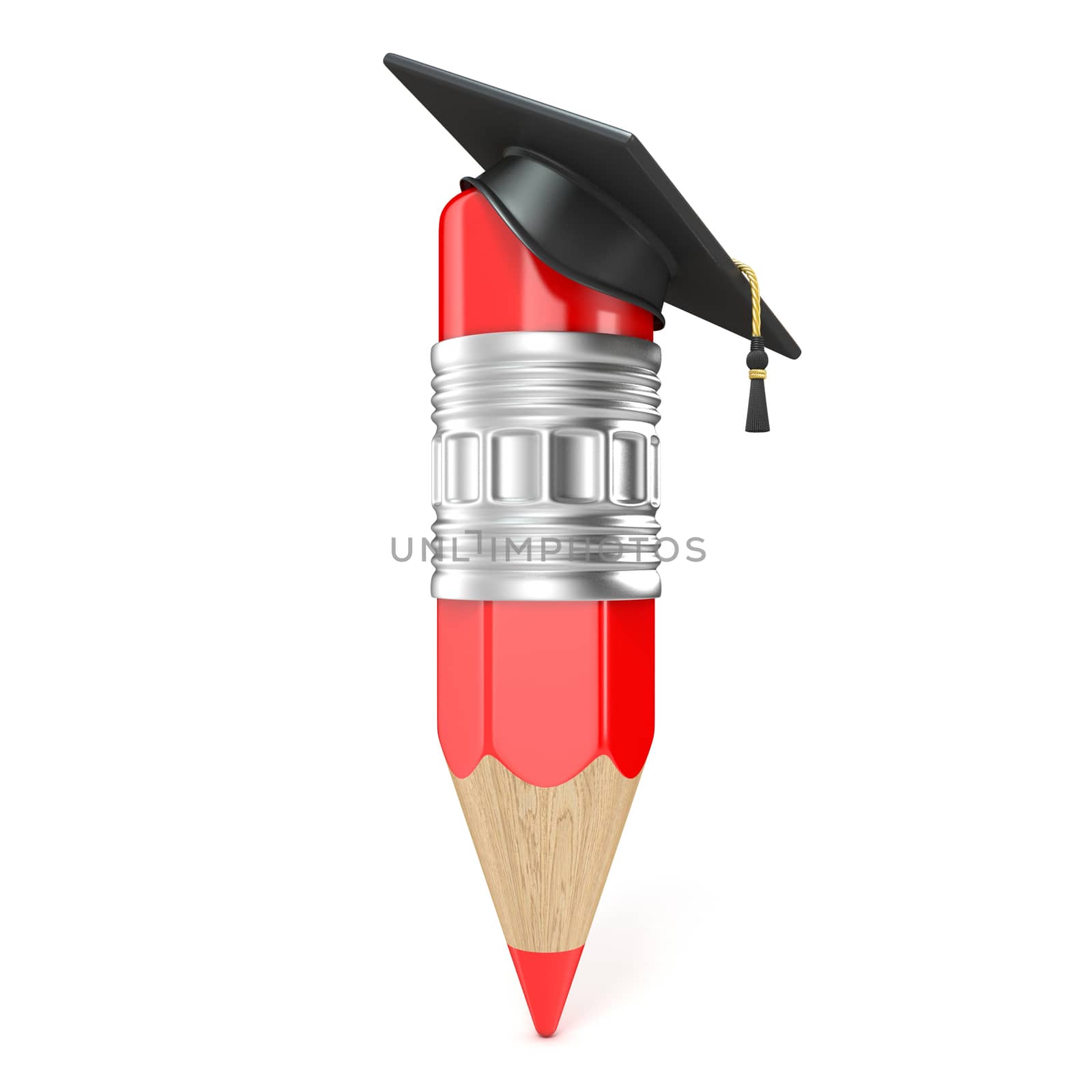 Red pencil with a graduation cap. Education concept. 3D render illustration isolated on white background
