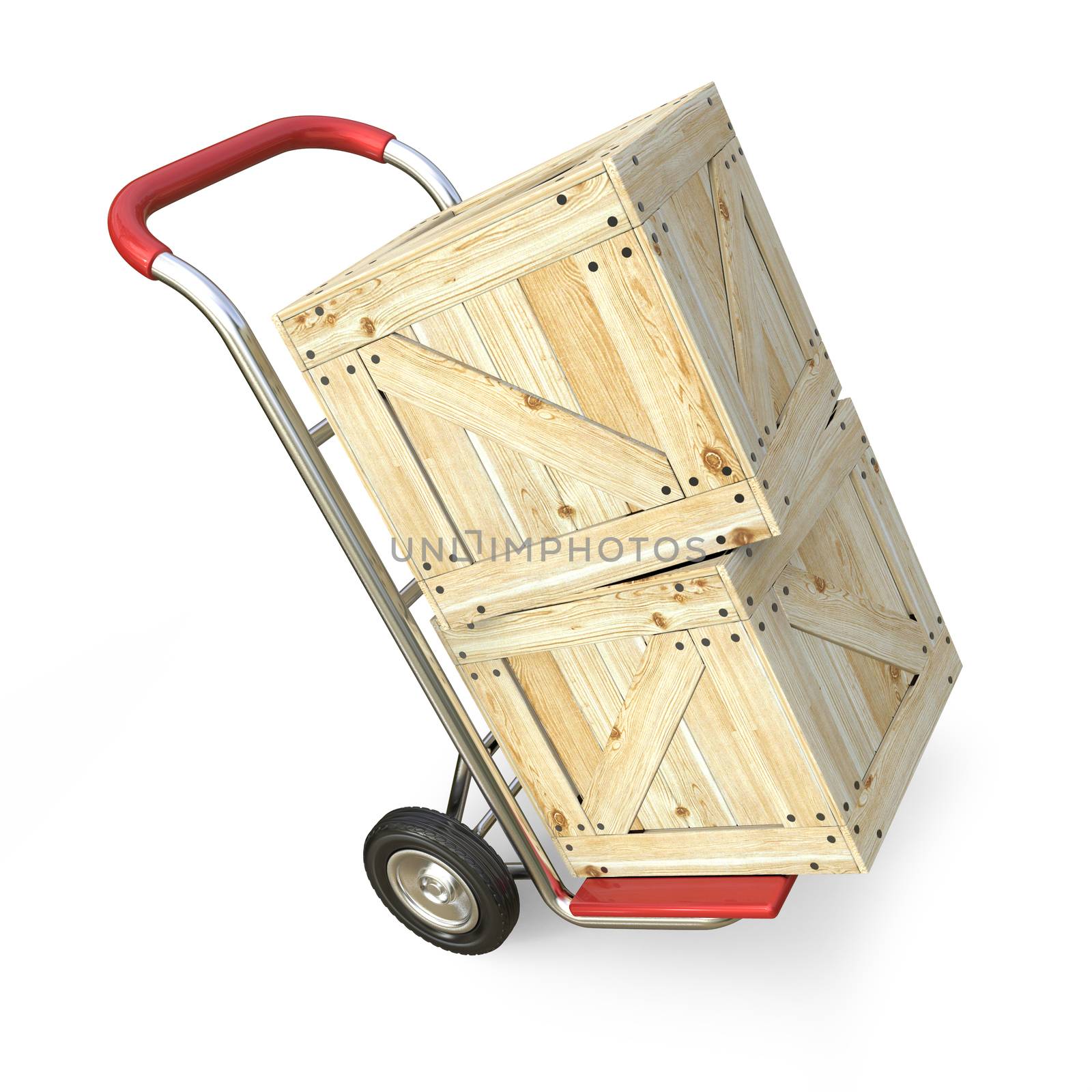 Hand truck with wooden box. Delivery concept. 3D render illustration isolated on white background