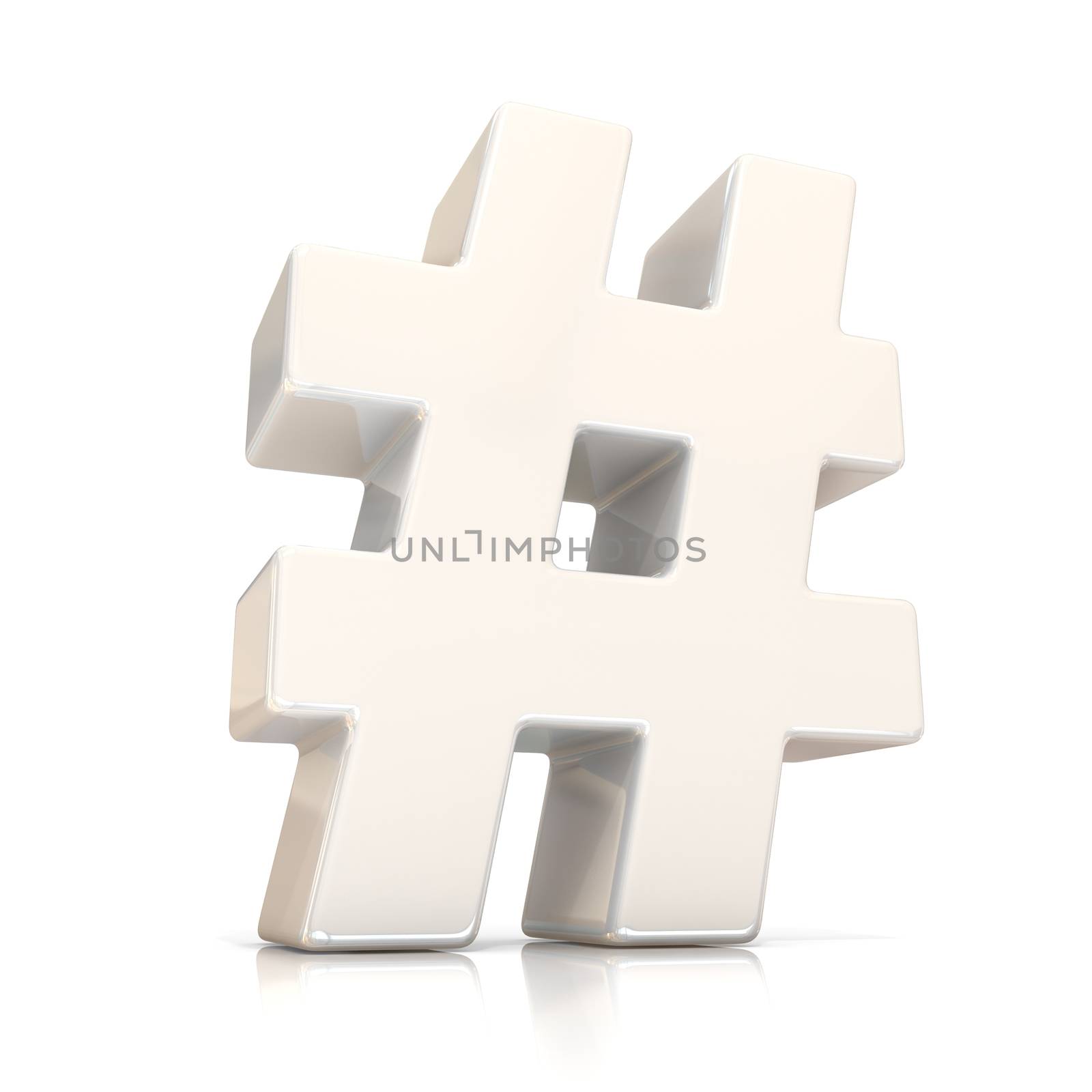 Hashtag, number mark 3D white sign isolated on white background