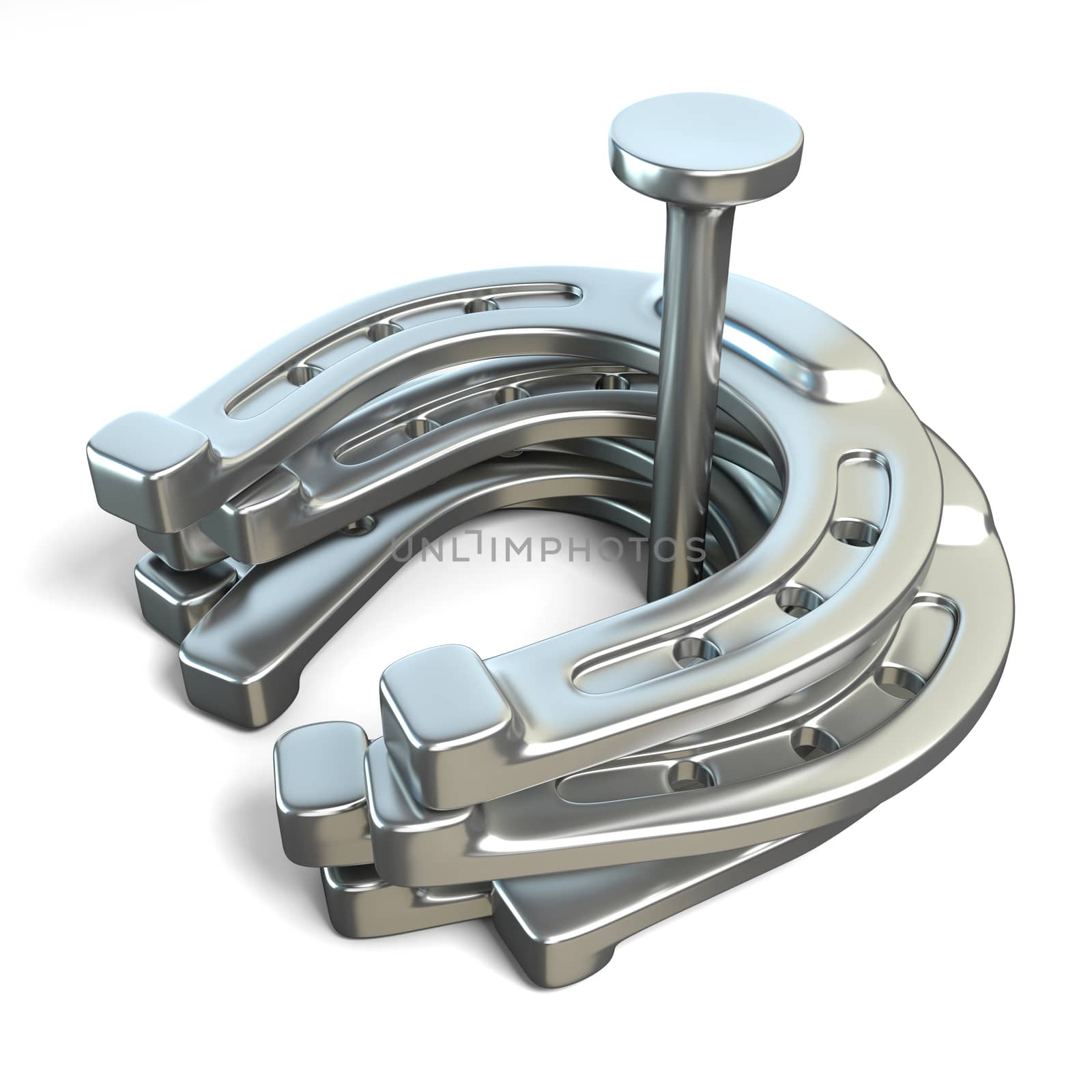 Horseshoes around the iron nail. 3D render illustration isolated on white background