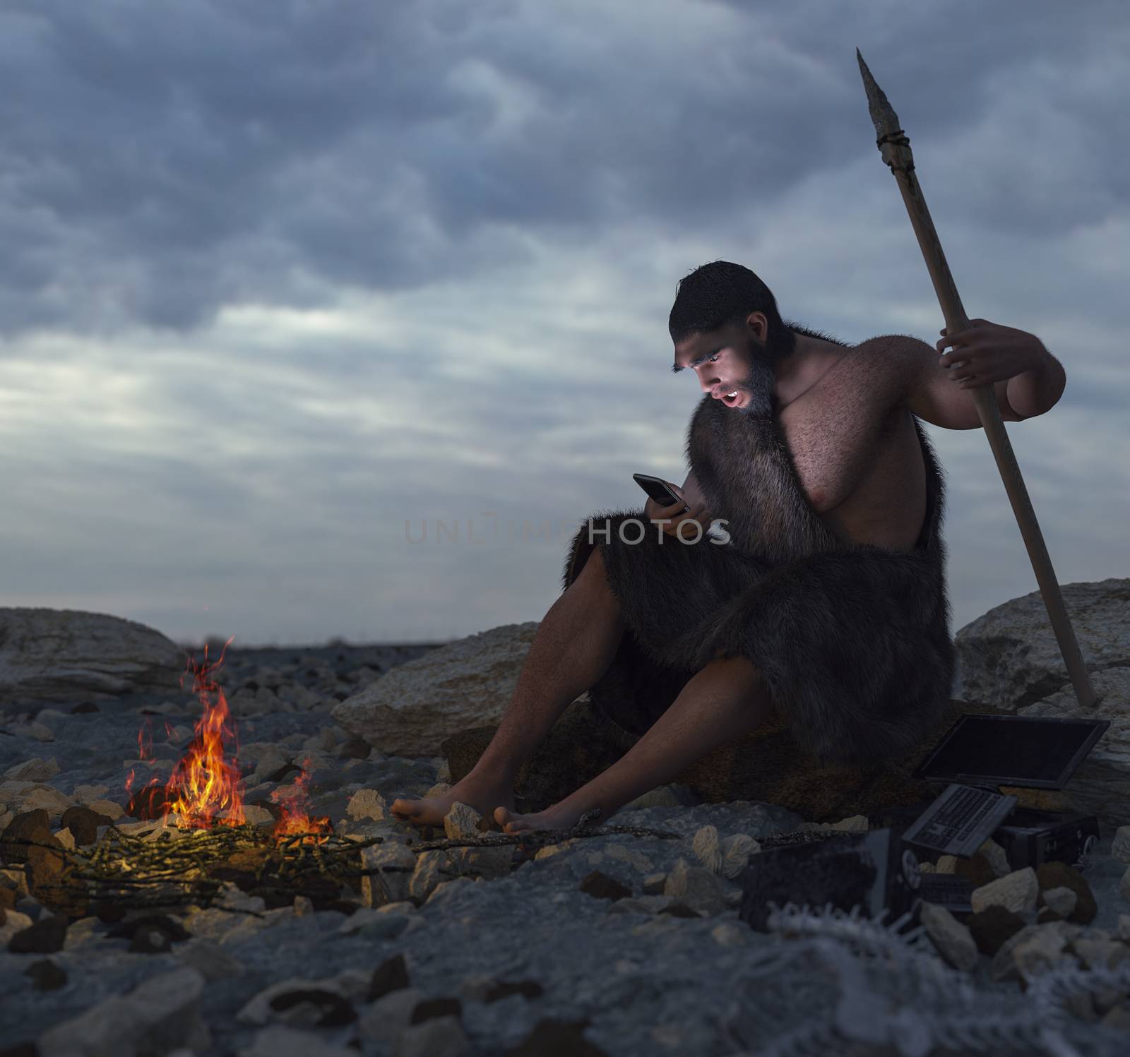 primitive man siting on the stone with smartphone concept illustration by denisgo