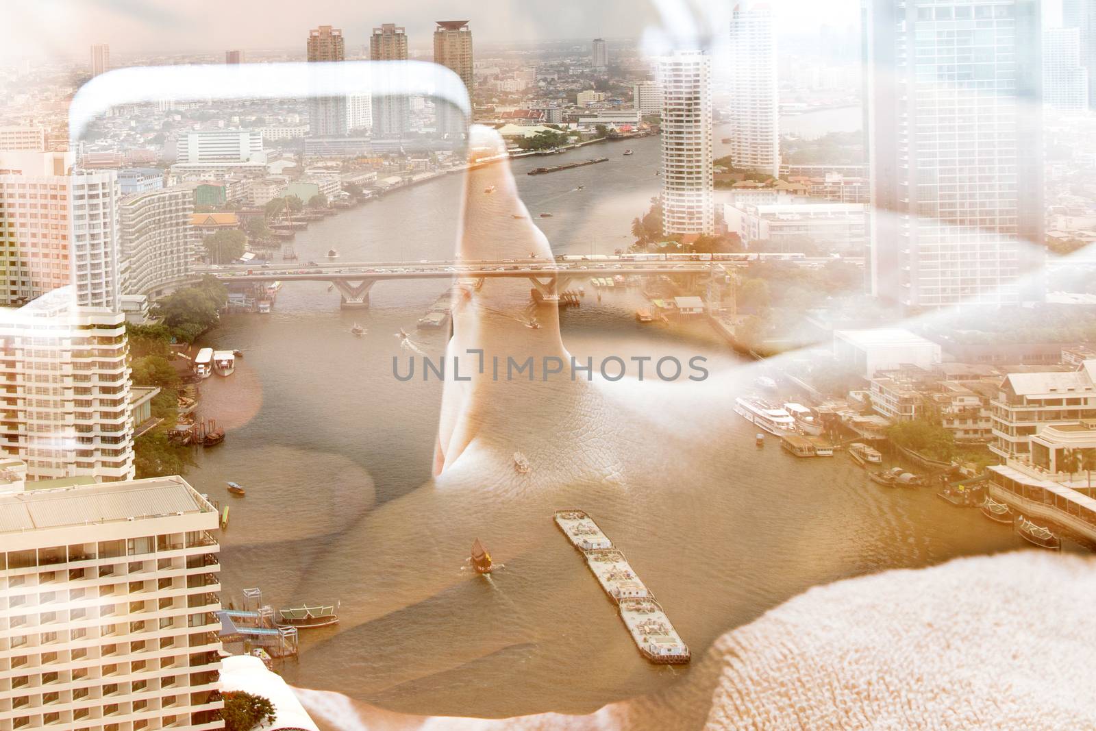 Double exposure image of people with smart phone and cityscape background,communication technology concept.