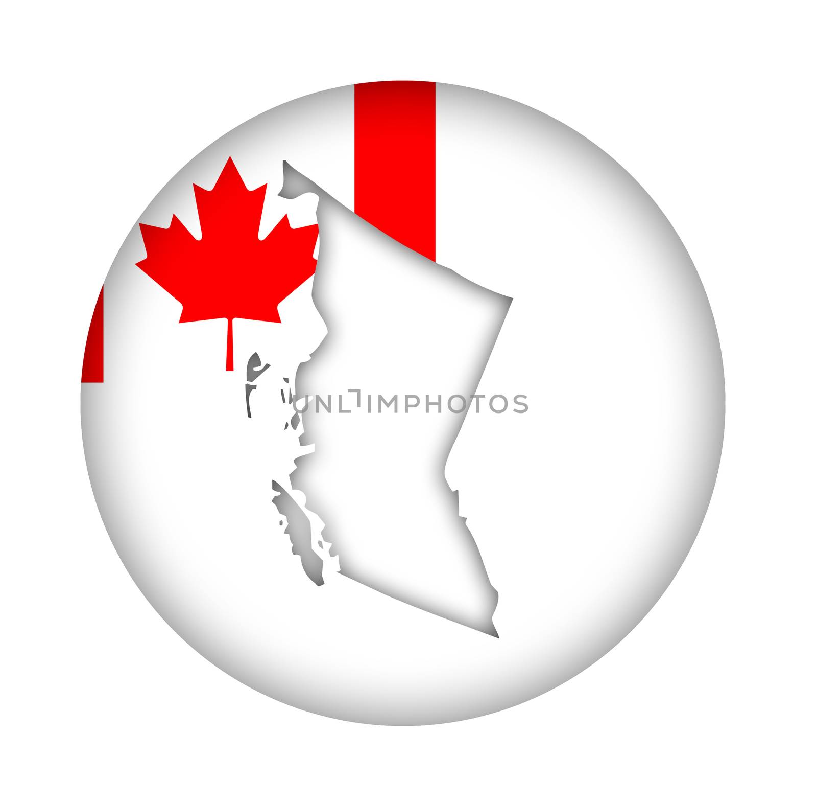 Canada state of British Columbia map flag button isolated on a white background.
