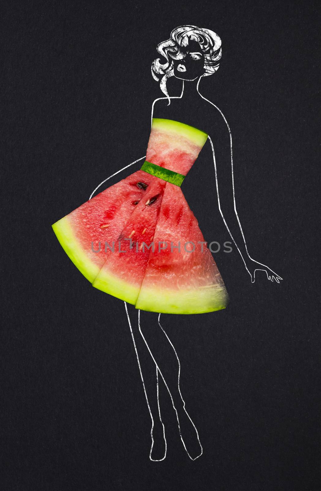 Creative concept photo of a watermelon as a dress with illustrated woman on black background.