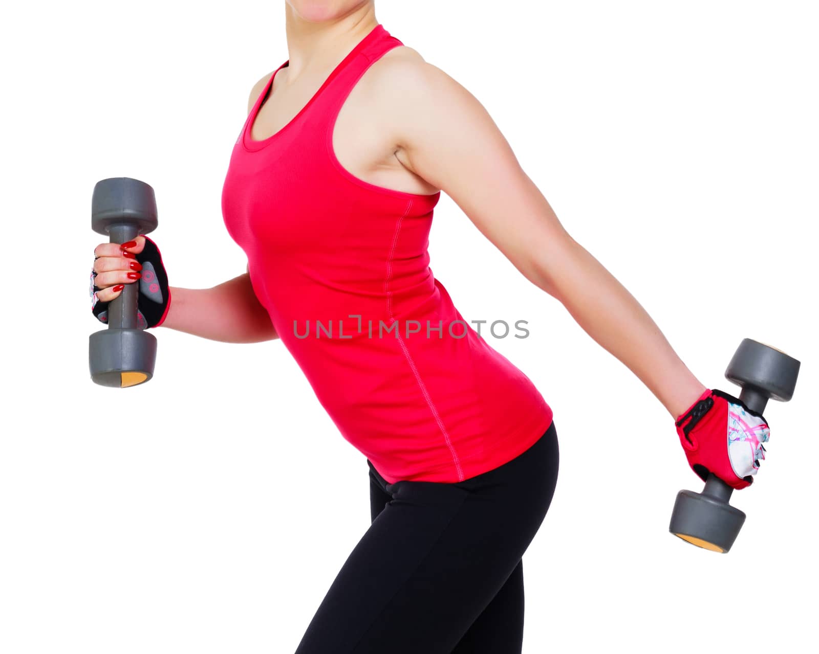 Woman with barbells, isolated on white background