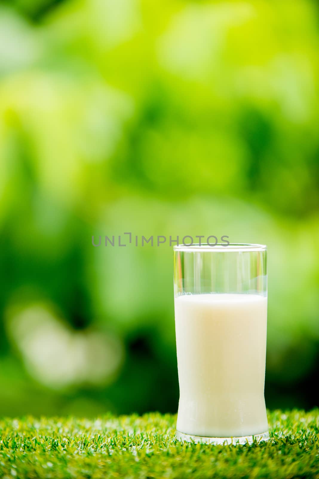 milk glass on grass with nature background