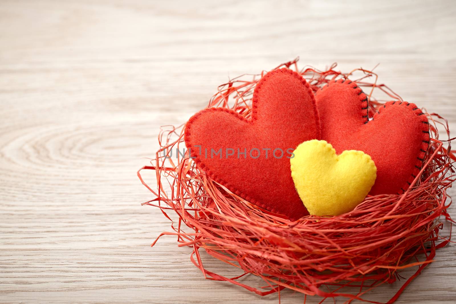 Love, Valentines Day. Hearts on wood. Couple nest by 918