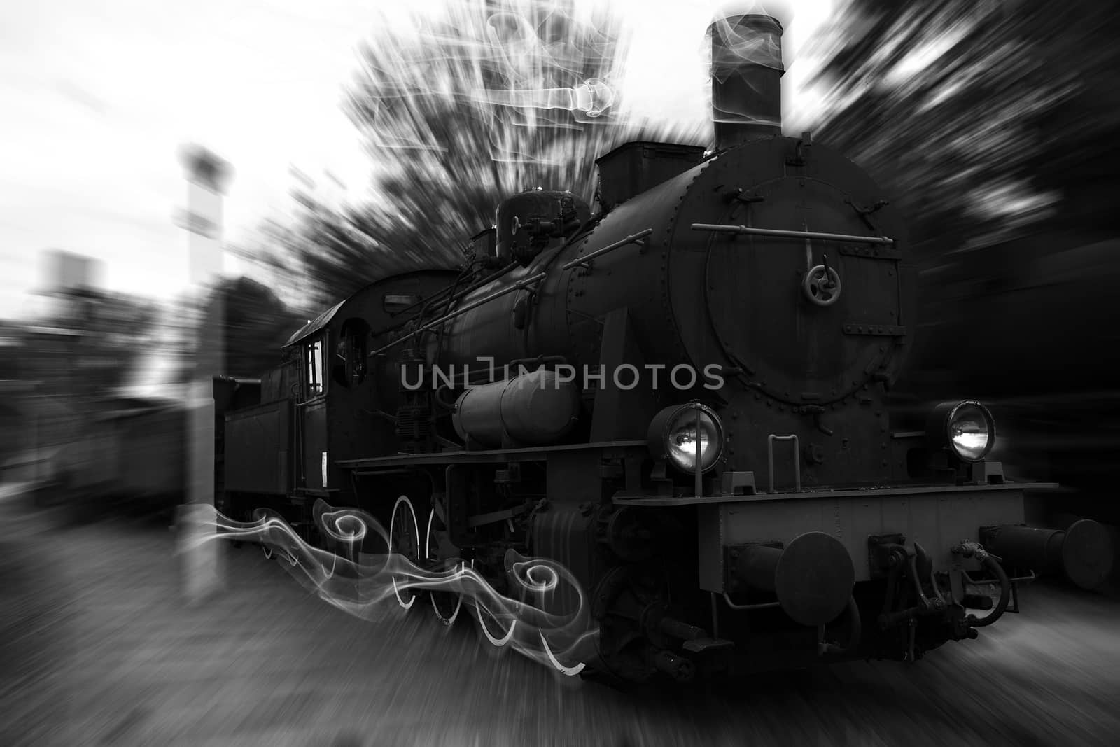 Old train in motion, B/W photo