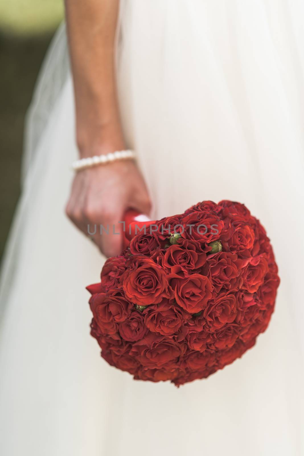 the bride's bouquet of red roses in the hand of the bride, white dress