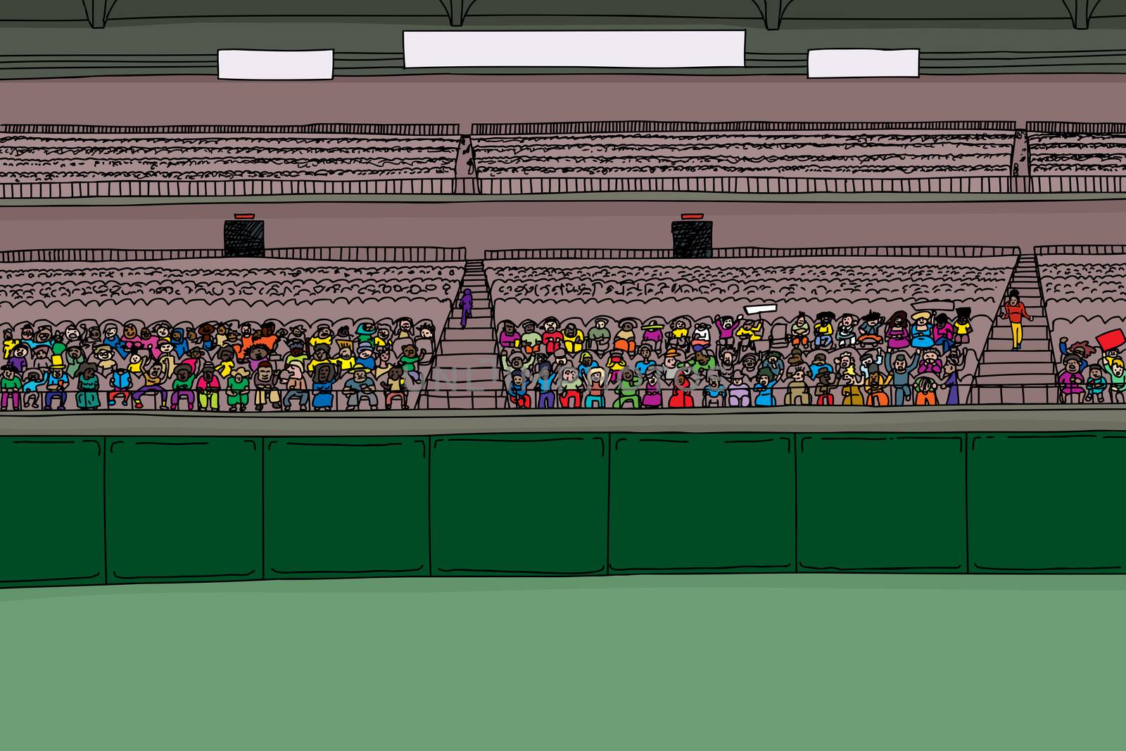 Cartoon illustration of stadium with large diverse crowd under blank scoreboard signs