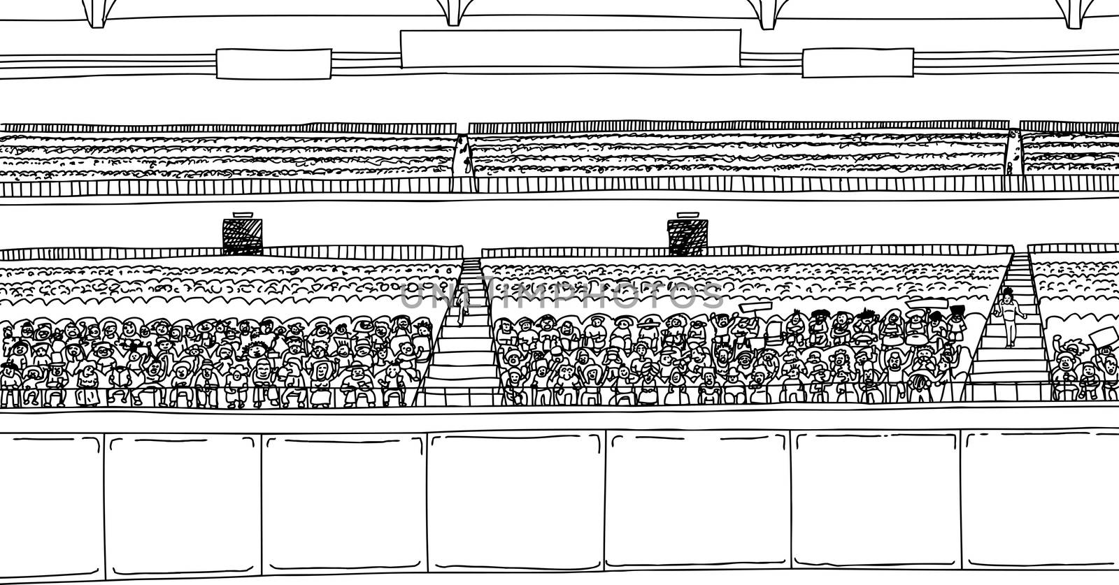 Large cartoon outline of stadium with diverse crowd under blank scoreboard signs