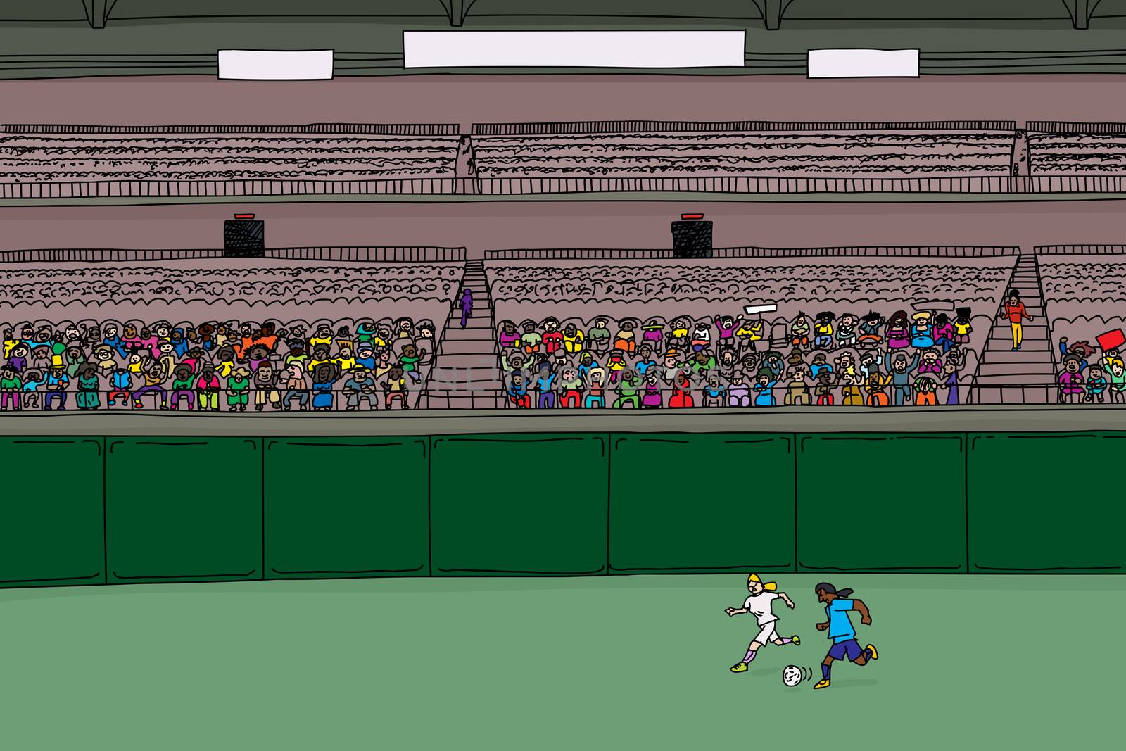 Illustration of soccer players running after ball at stadium with large diverse crowd under blank scoreboard