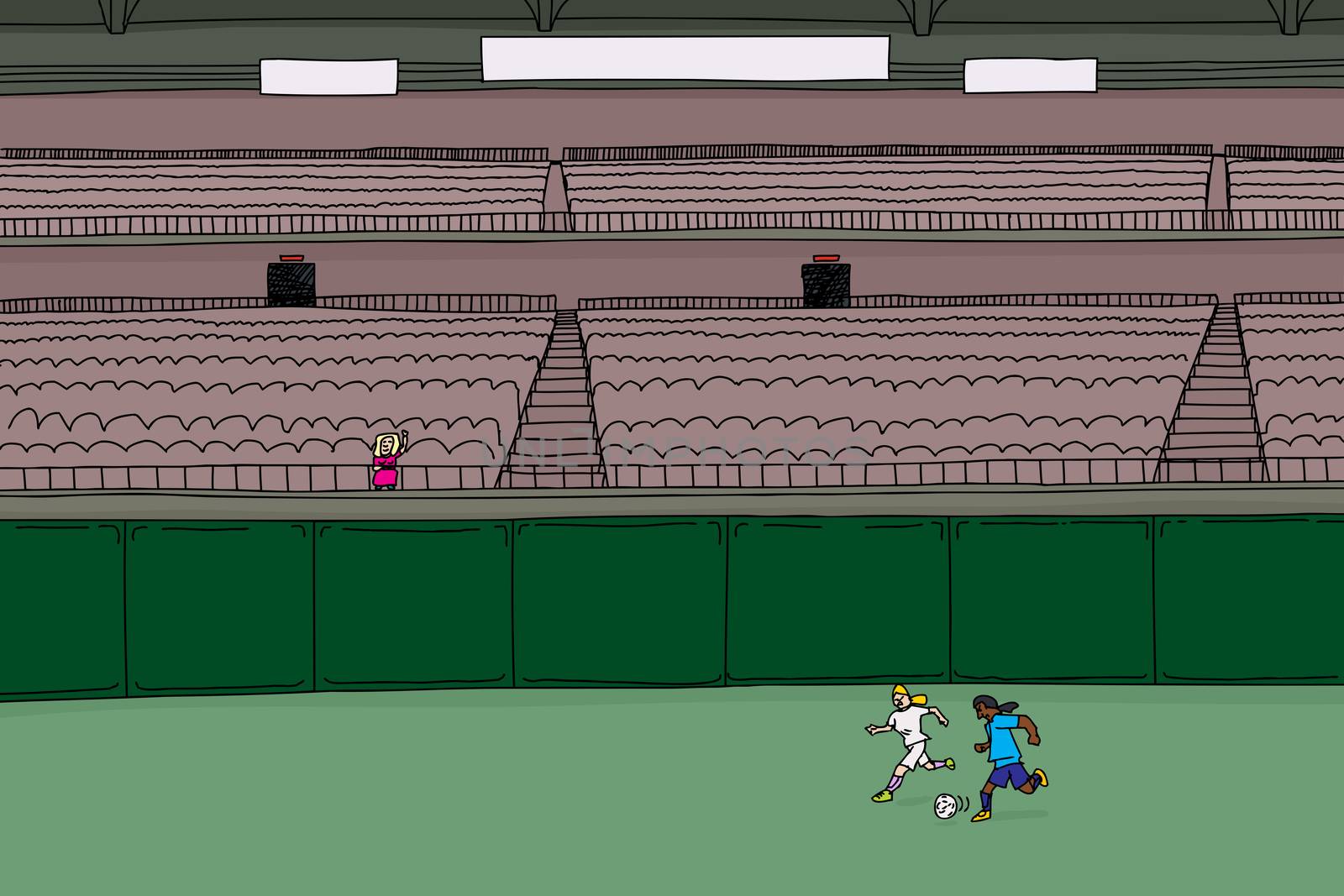 Doodle cartoon of empty stadium with single waving fan and two soccer players chasing a ball