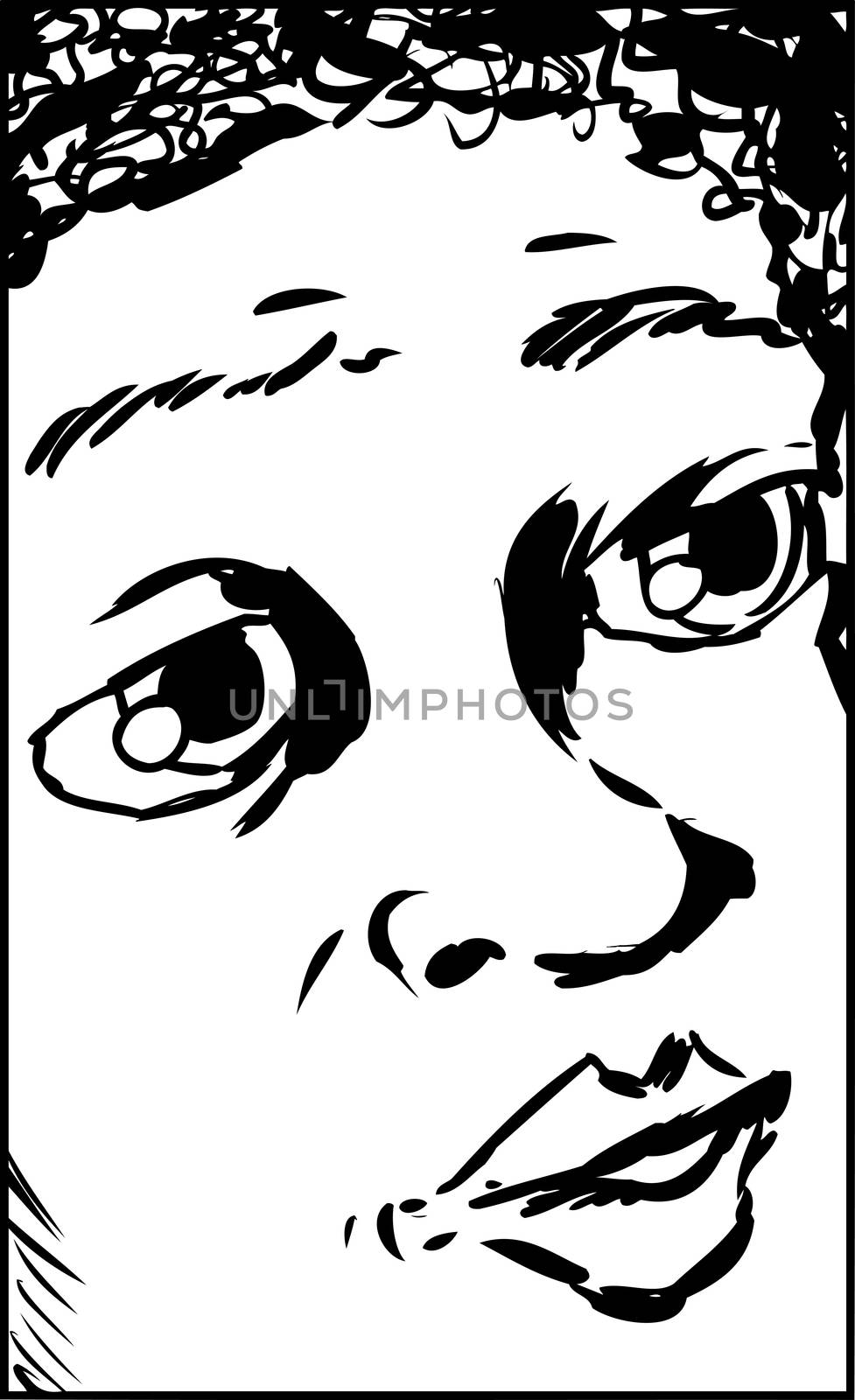 Close up outline illustration on face of child asking a question