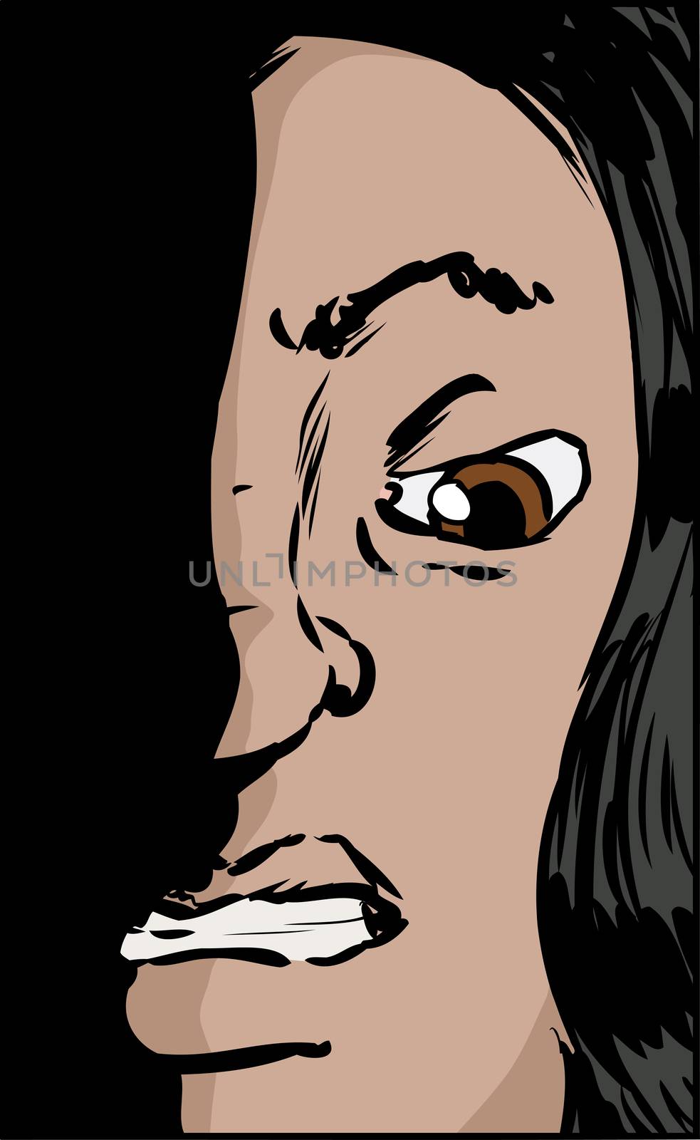 Close up illustration on face of woman with clenched teeth
