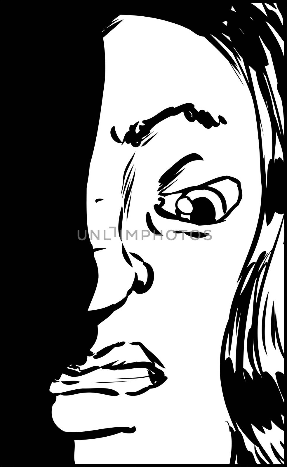 Close up outline illustration on face of woman with clenched teeth