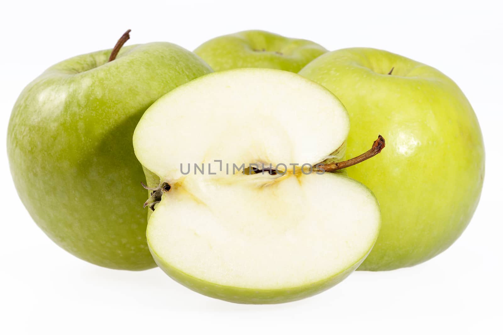 Some fruits of green apple isolated on white background.