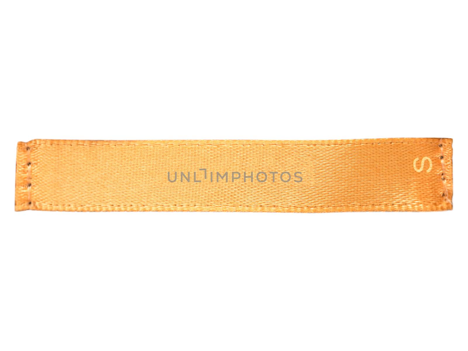 Blank orange clothes silk label with S size - isolated on white background