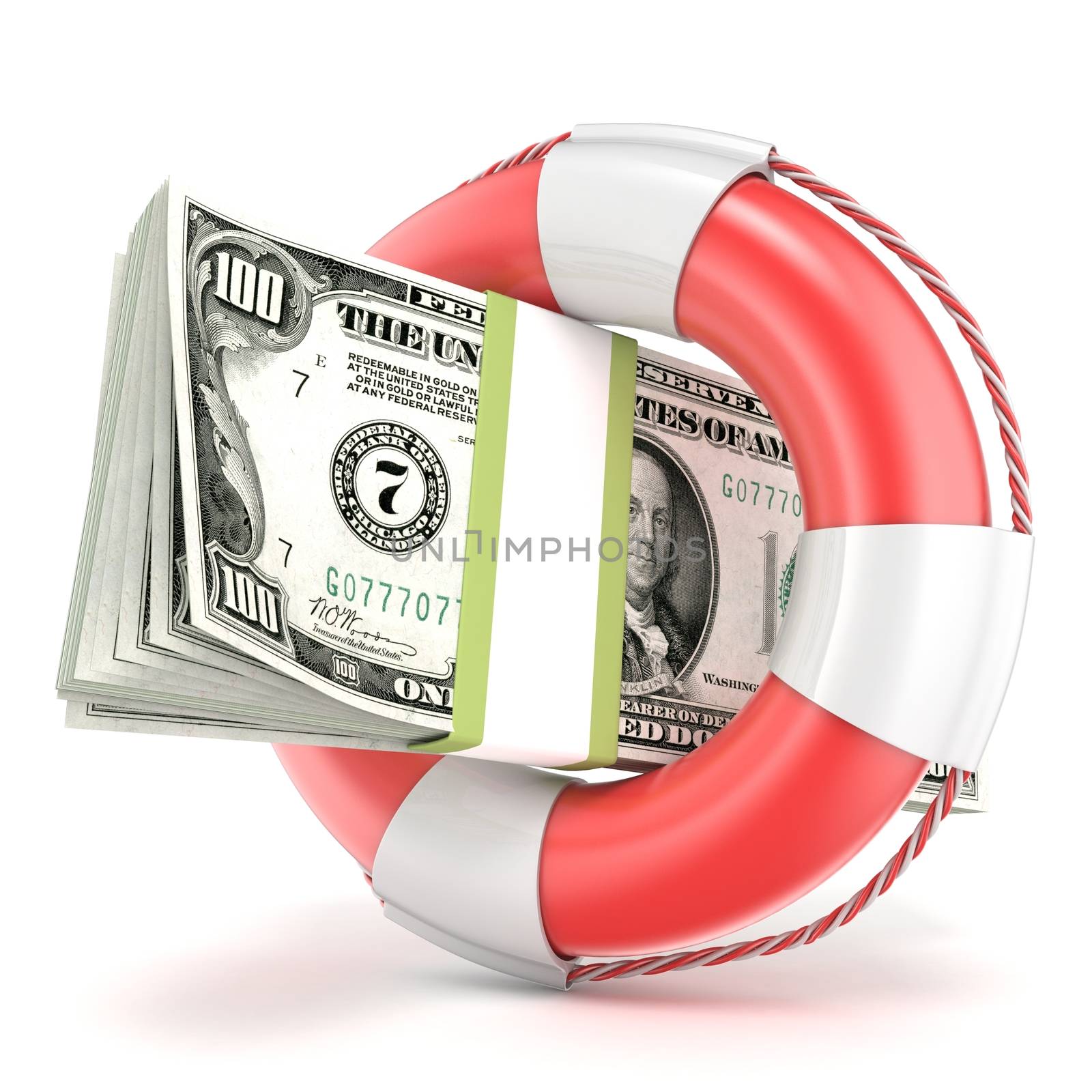 Life buoy with dollars banknote. 3D render illustration isolated on a white background